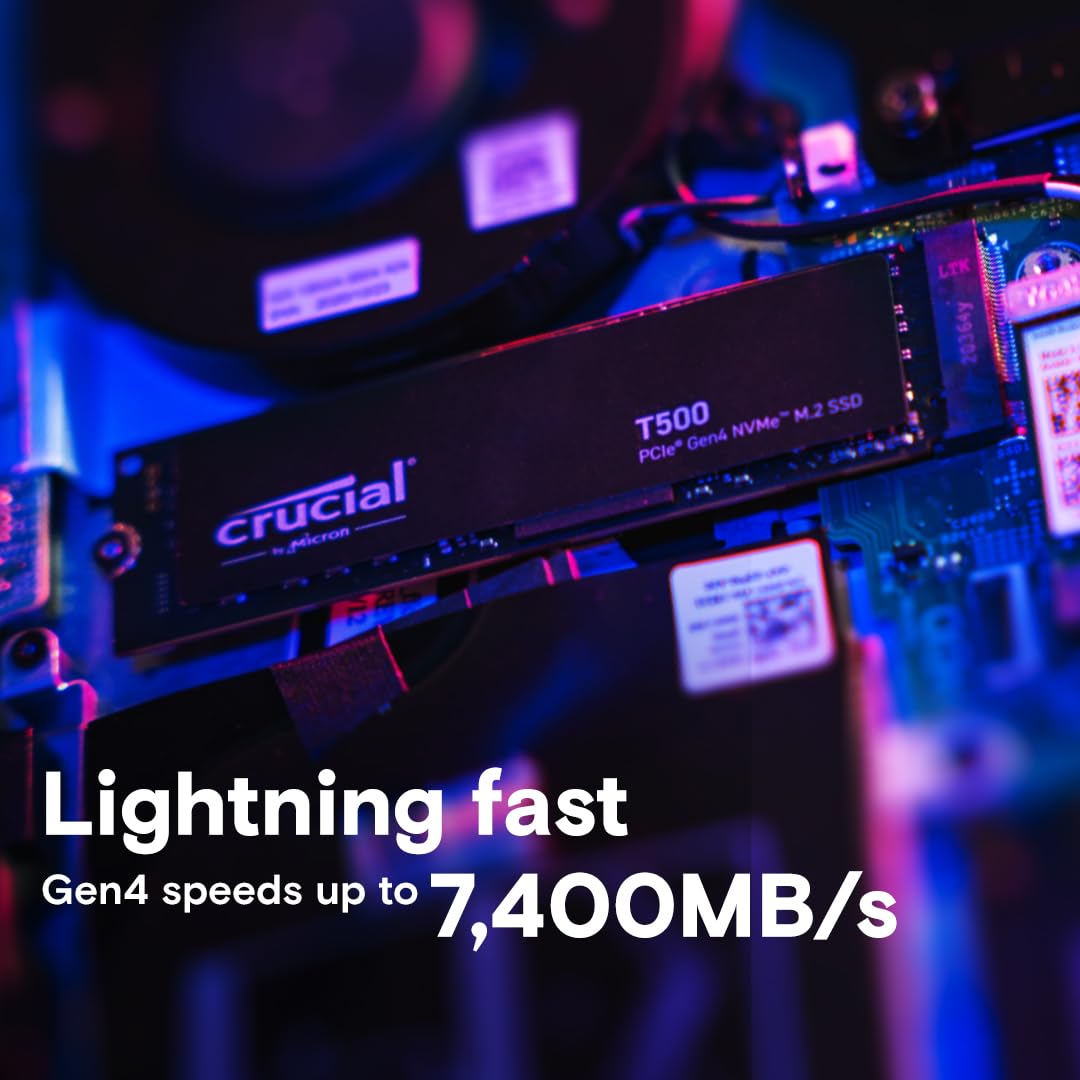 Crucial T500 1TB SSD PCIe Gen4 NVMe M.2 Internal Gaming SSD, Up to 7300MB/s, TLC NAND, Laptop and Desktop Compatible, Microsoft DirectStorage, Solid State Drive - CT1000T500SSD8