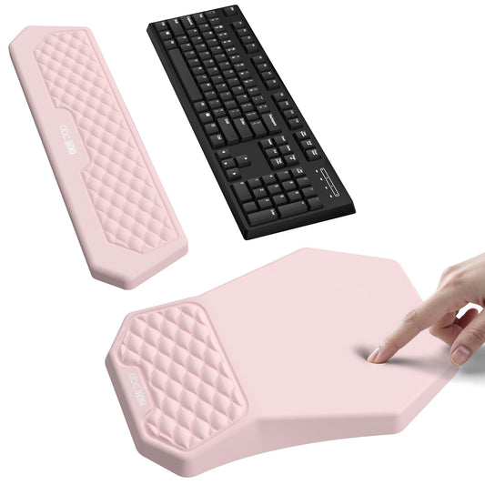 Ergonomic Mouse Pad and Keyboard Wrist Rest Support Set, Massage Design Mousepad for Carpal Tunnel Pain Relief, Memory Foam, Non-Slip PU Base for Computer Desk, Pink