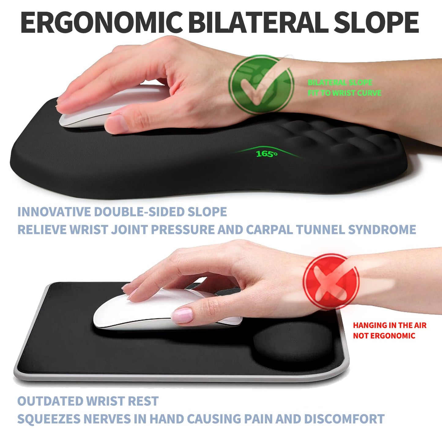 Gleamtide Ergonomic Raised Mouse Pad Wrist Support with Bilateral Slope Memory Foam Mousepad for Wrist Rest and Carpal Tunnel Pain Relief 11.8x7.9〃 Black