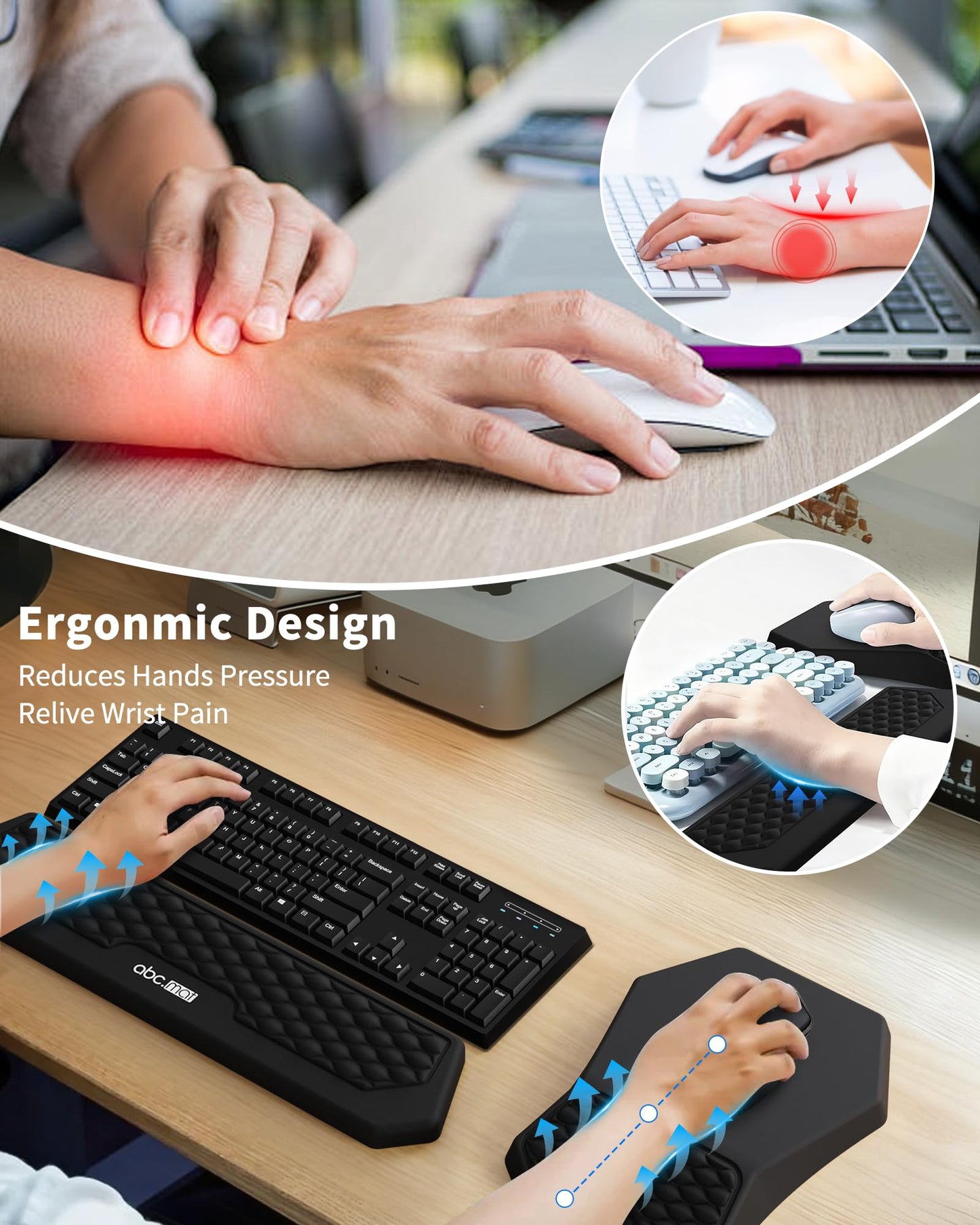 Ergonomic Mouse Pad and Keyboard Wrist Rest Support Set, Massage Design Mousepad for Carpal Tunnel Pain Relief, Memory Foam, Non-Slip PU Base for Computer Desk, Black