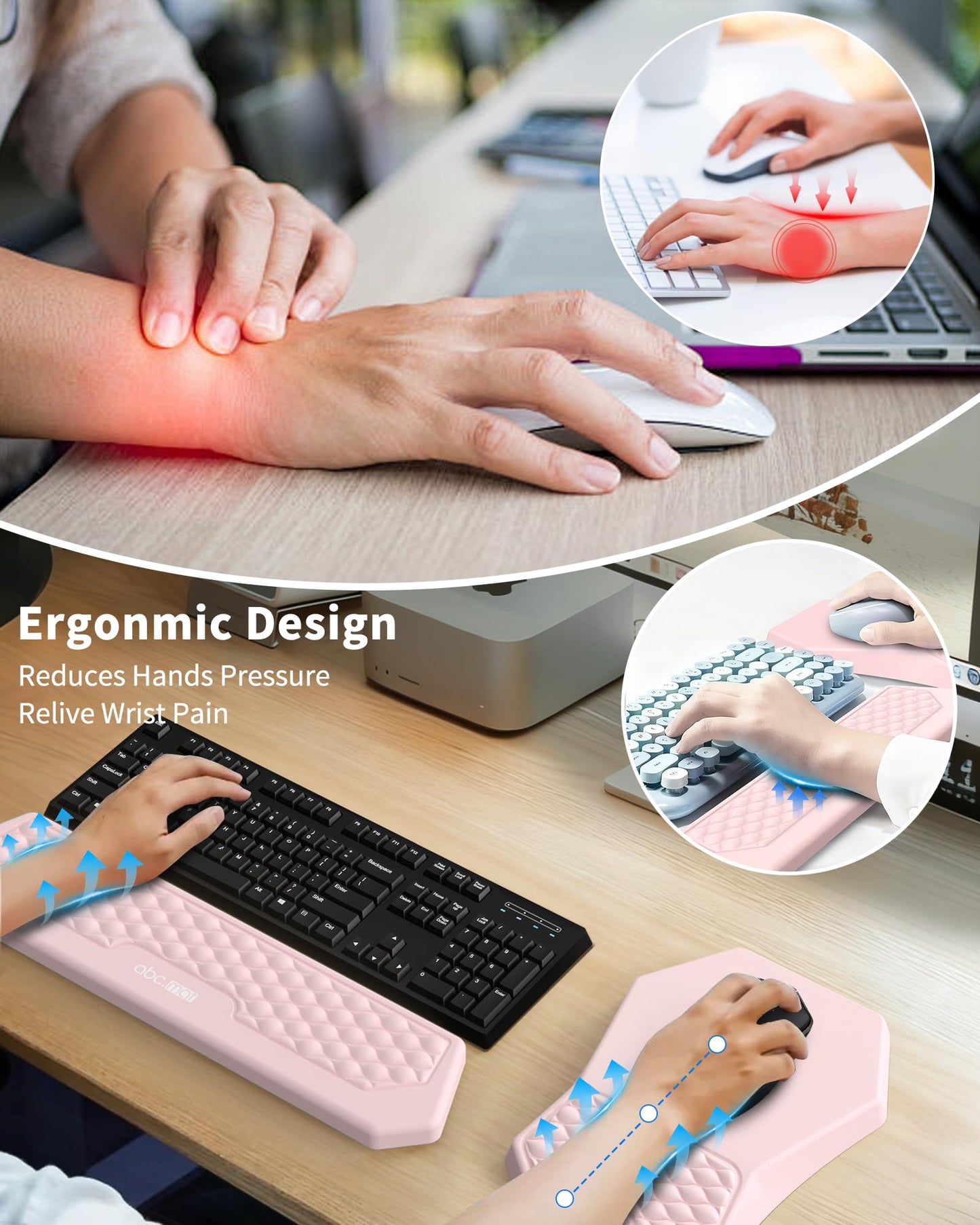 Ergonomic Mouse Pad and Keyboard Wrist Rest Support Set, Massage Design Mousepad for Carpal Tunnel Pain Relief, Memory Foam, Non-Slip PU Base for Computer Desk, Pink