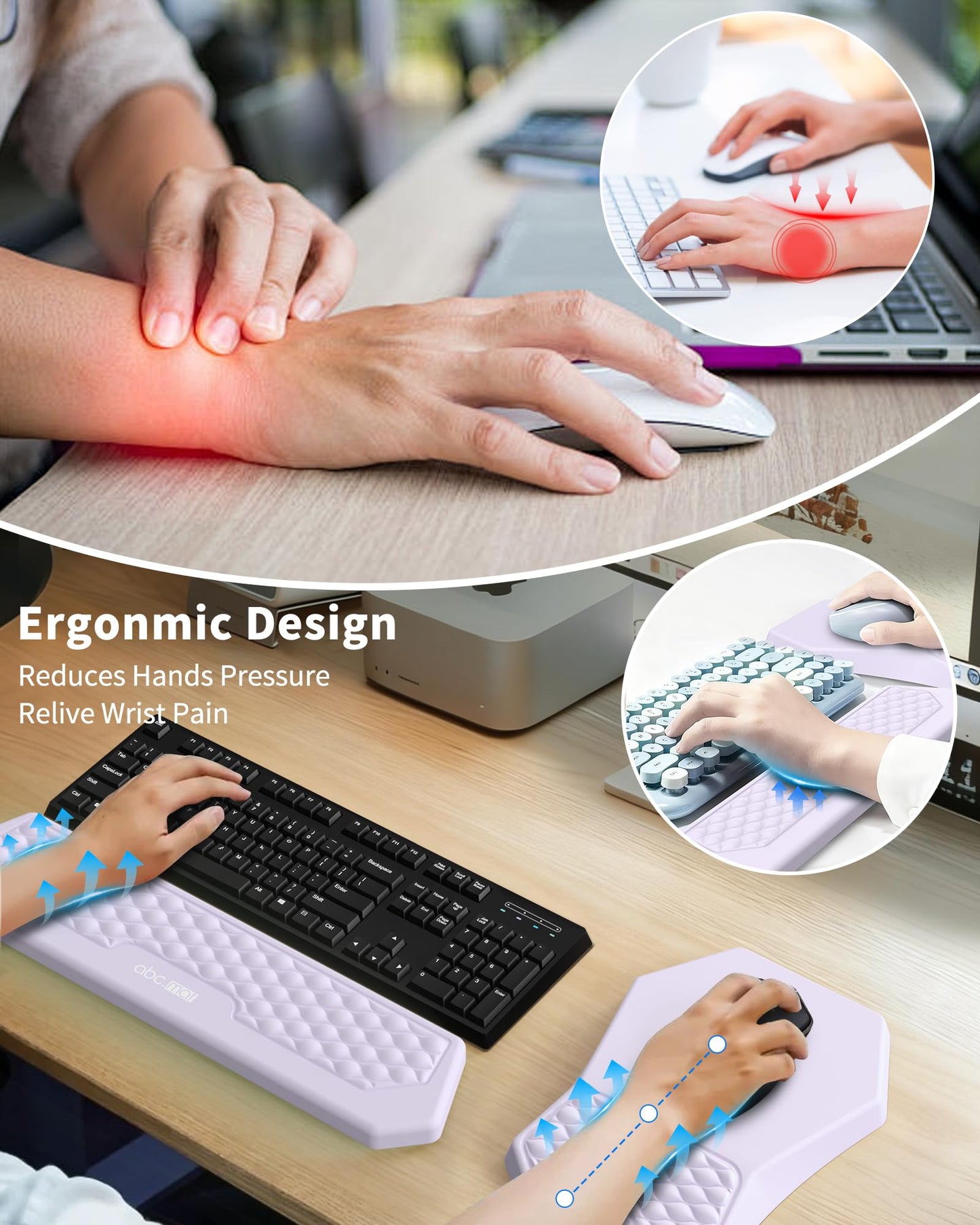 Ergonomic Mouse Pad and Keyboard Wrist Rest Support Set, Massage Design Mousepad for Carpal Tunnel Pain Relief, Memory Foam, Non-Slip PU Base for Computer Desk, Purple