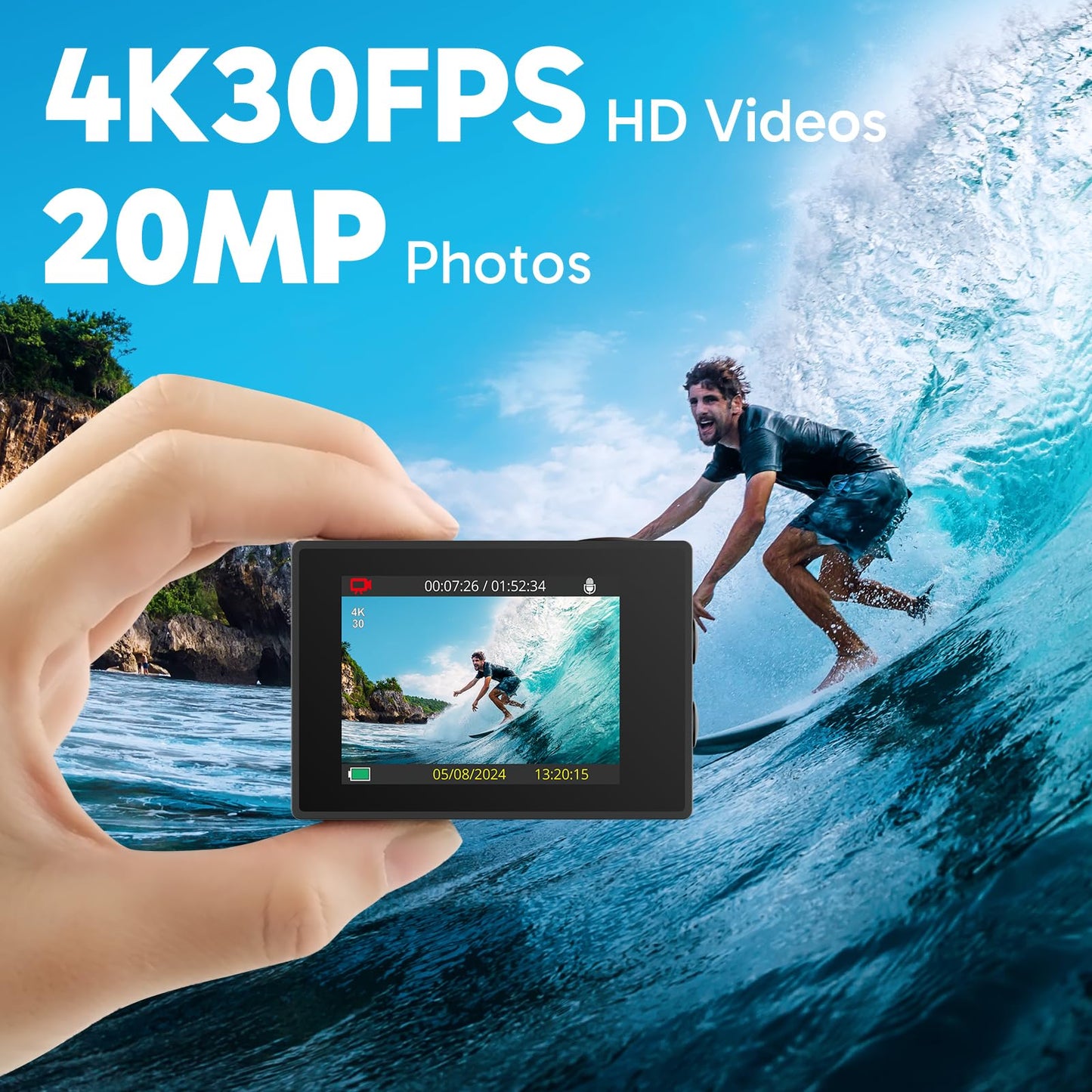 AKASO EK7000 4K30FPS Action Camera - 20MP Ultra HD Underwater Camera 170 Degree Wide Angle 98FT Waterproof Camera with Accessory Kit