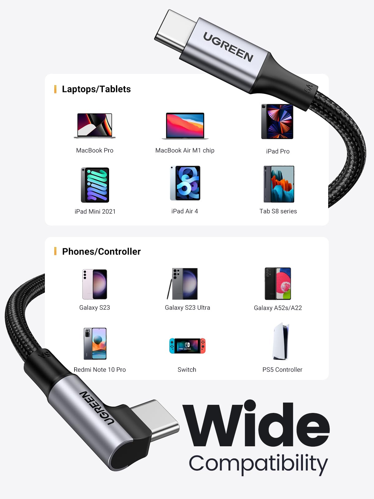 mousebows 100W USB C Cable 90 Degree Type C Charging Cable 10FT