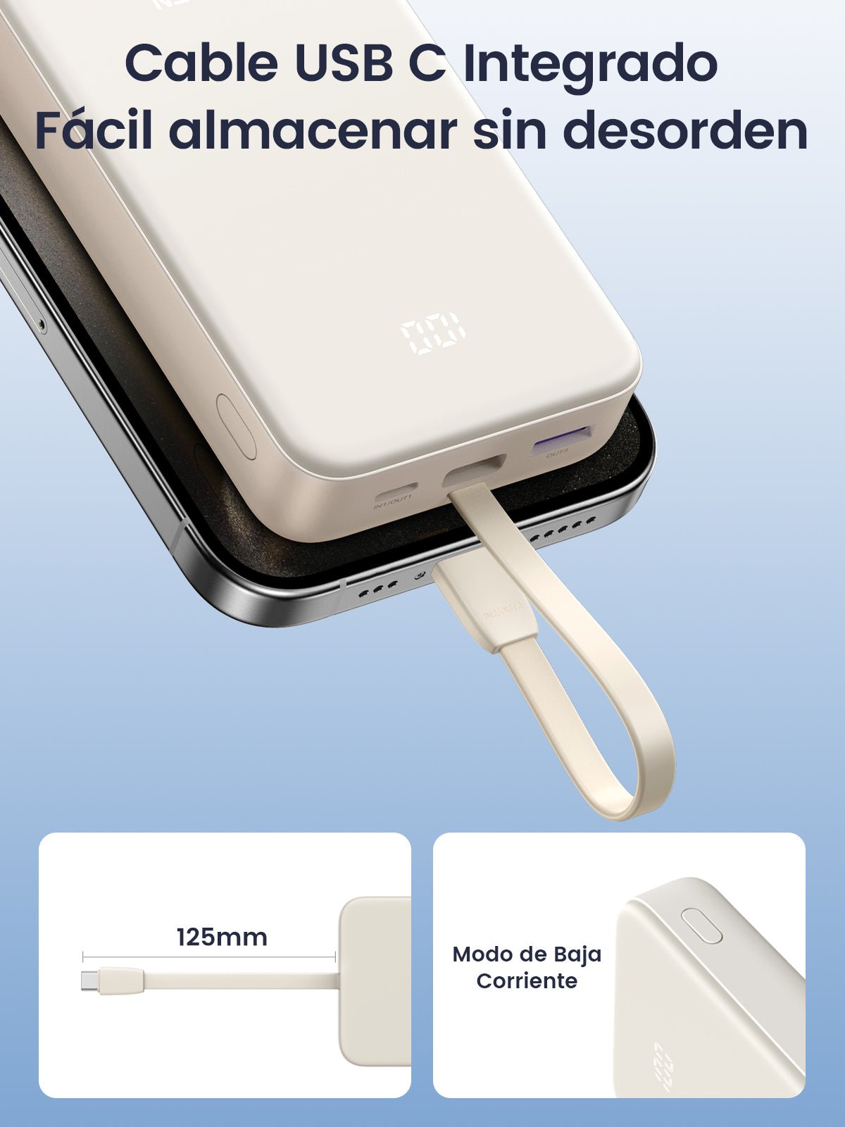 mousebows Power Bank 20000mAh 22.5W with Built-in USB-C Cable