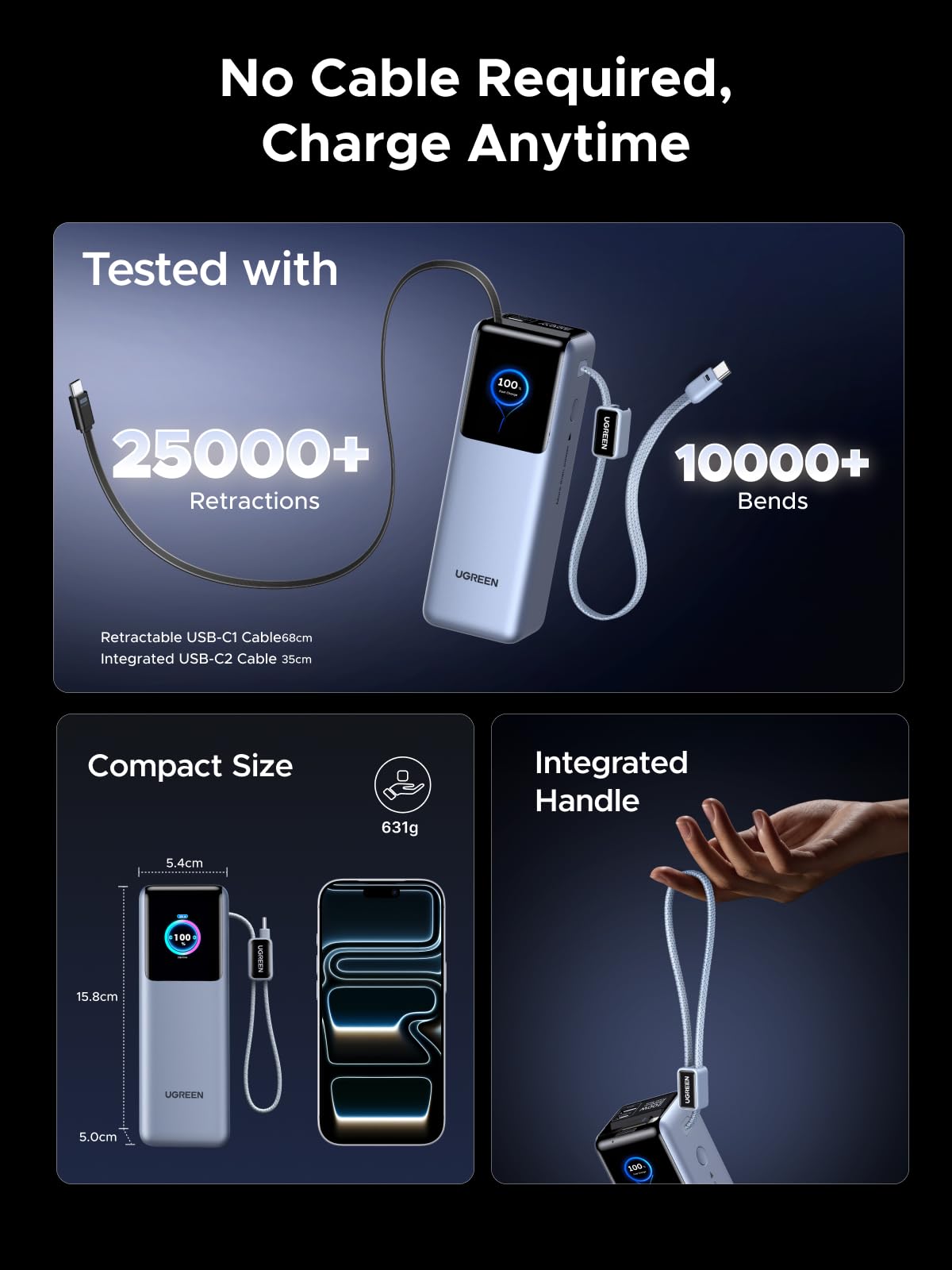 mousebows 200W Power Bank 25000mAh Fast Charging Built-in Cable