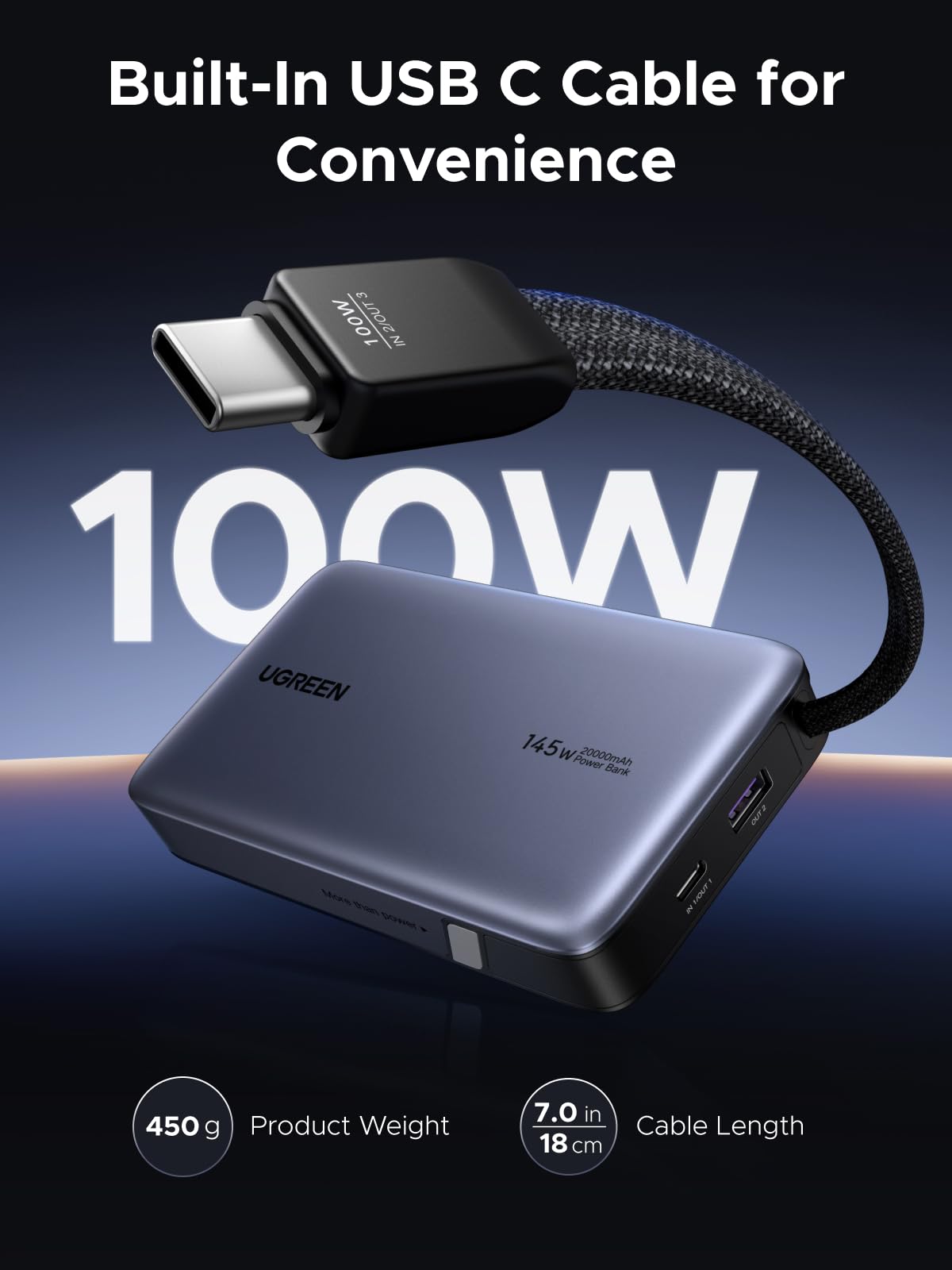 mousebows Nexode Power Bank 20000mAh 145W with Built-in USB-C Cable