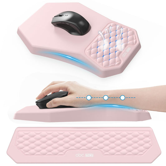 Ergonomic Mouse Pad and Keyboard Wrist Rest Support Set, Massage Design Mousepad for Carpal Tunnel Pain Relief, Memory Foam, Non-Slip PU Base for Computer Desk, Pink