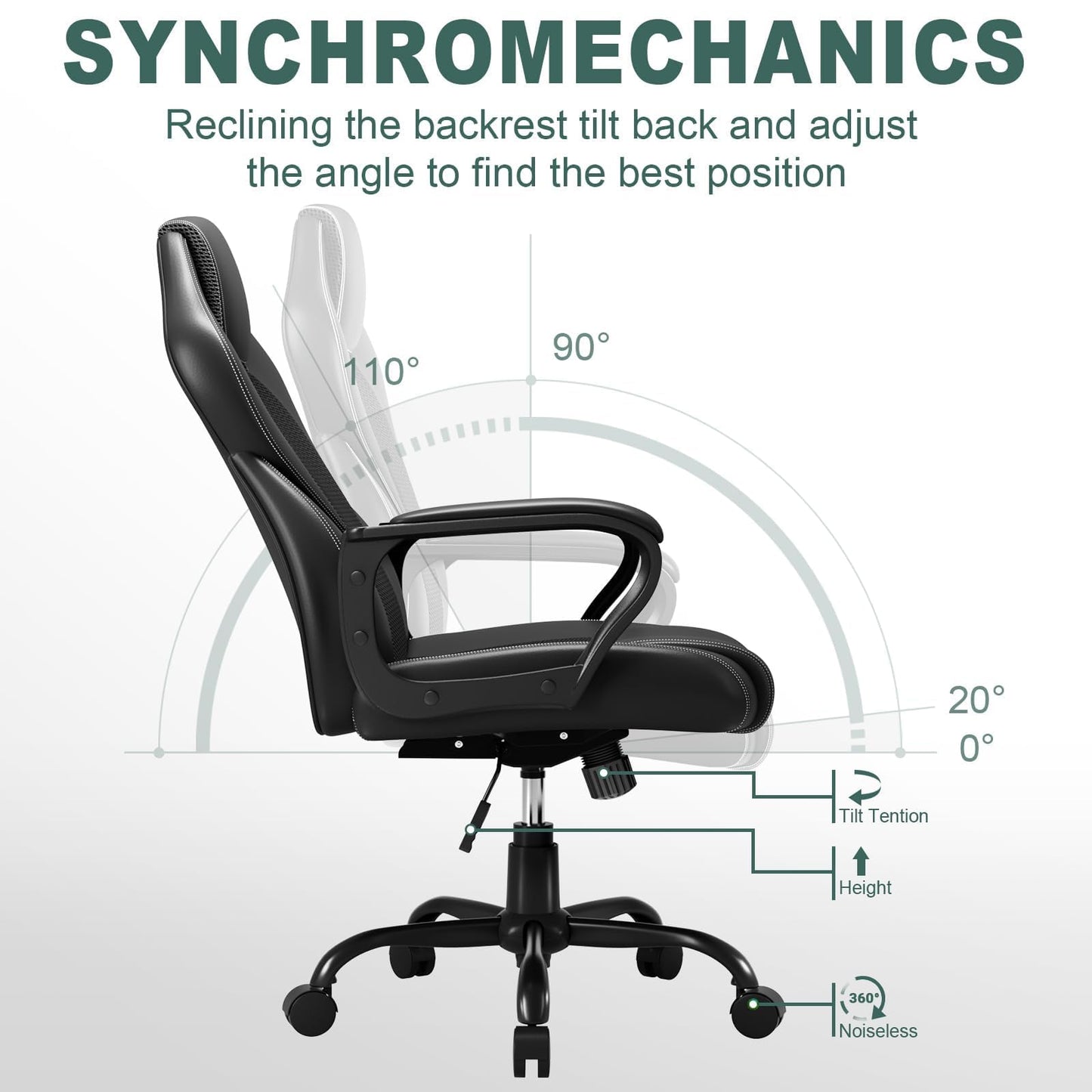 BASETBL Office Chair, Ergonomic Computer Chair for Home Gaming Business, Adjustable Height Durable Comfy Executive Chair, 150kg Black