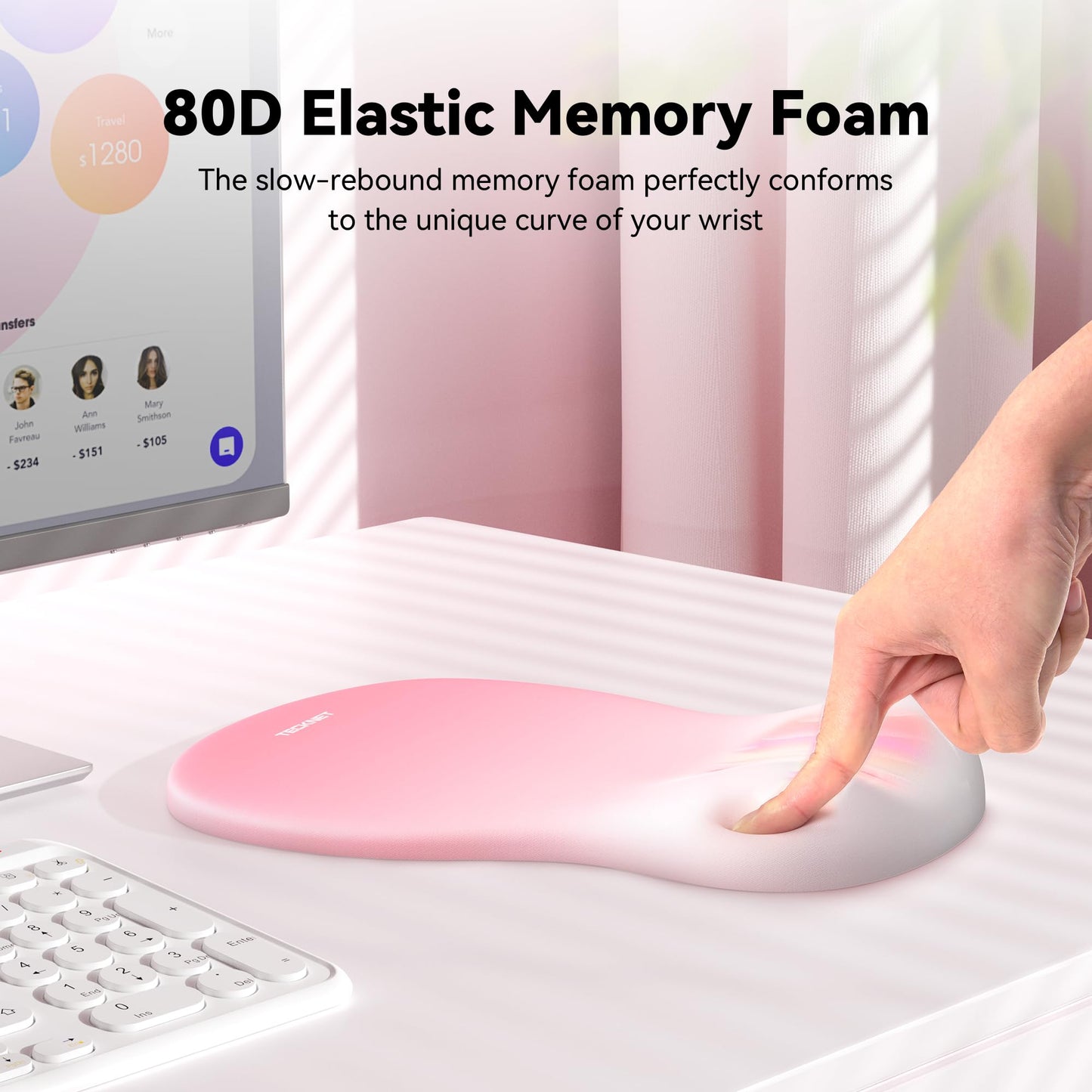 TECKNET Ergonomic Mouse Pad with Wrist Rest, Memory Foam Mousepad with Wrist Support, Smooth Surface, Middle Concave & Non-Slip Base for Laptop/PC, Pain Relief for Home Office Gaming, Pink
