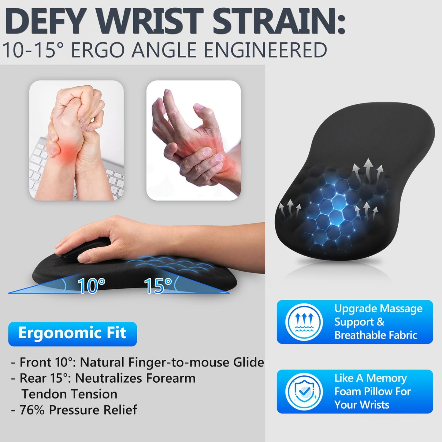 Zylentix Ergonomic Mouse Pad with Wrist Rest, Dual-Slope Design for Pain Relief- Large 12x8 Inch Size with Reinforced Memory Foam & Non-Slip Base for Office Desk/Gaming (Black)