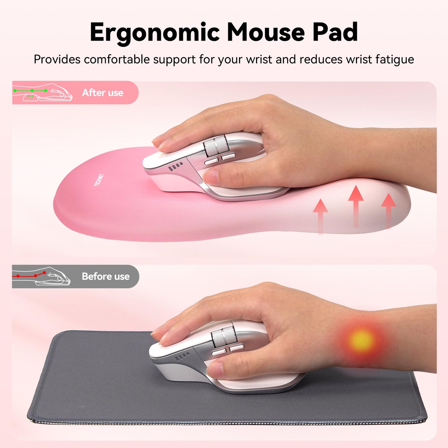 TECKNET Ergonomic Mouse Pad with Wrist Rest, Memory Foam Mousepad with Wrist Support, Smooth Surface, Middle Concave & Non-Slip Base for Laptop/PC, Pain Relief for Home Office Gaming, Pink