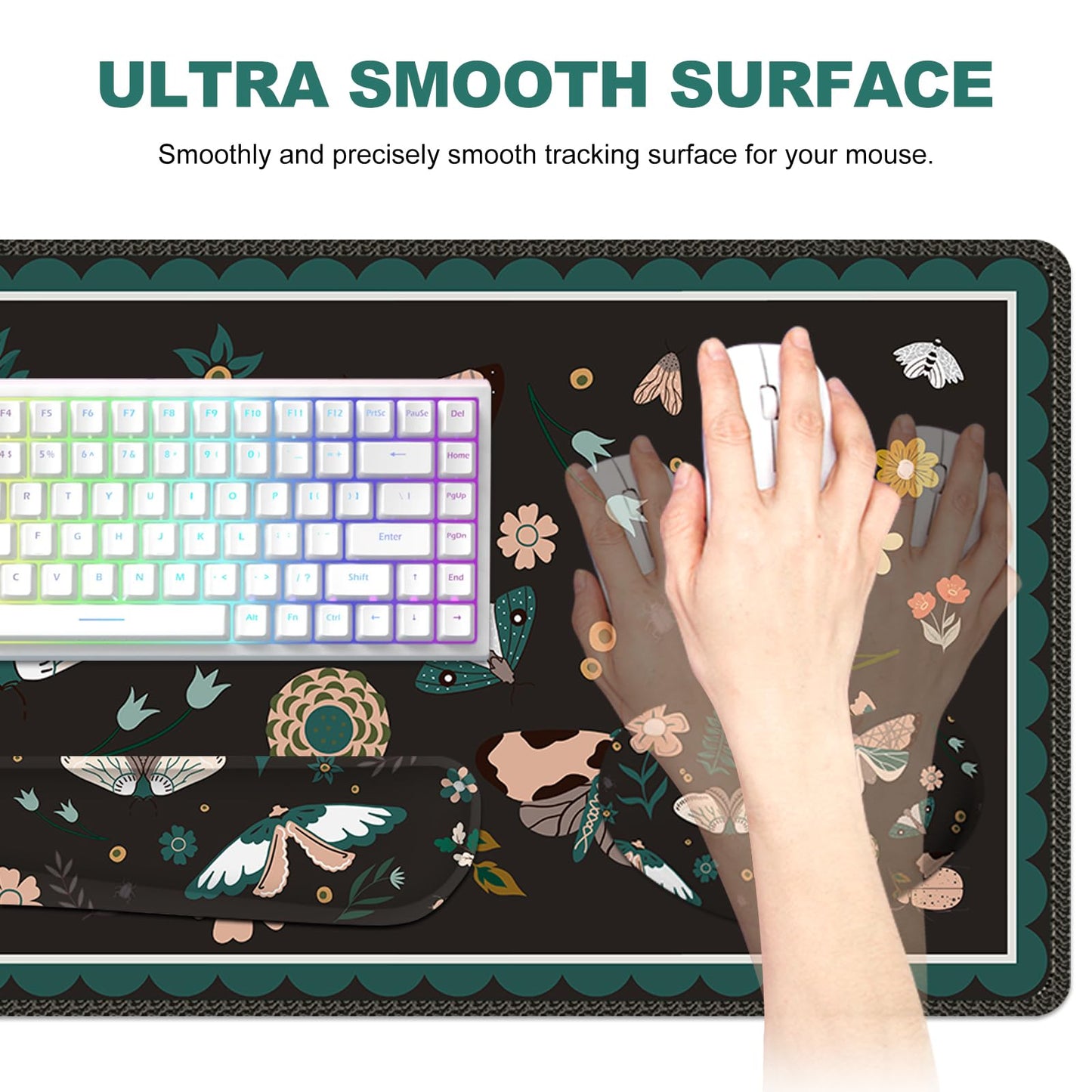 Lauspuck Large Mouse Pad and Keyboard Wrist Rest, Desk Pad for Keyboard and Mouse, Gaming Mousepad with Wrist Support, Non-Slip Desk Mat for Home Office, Black Butterfly Flower