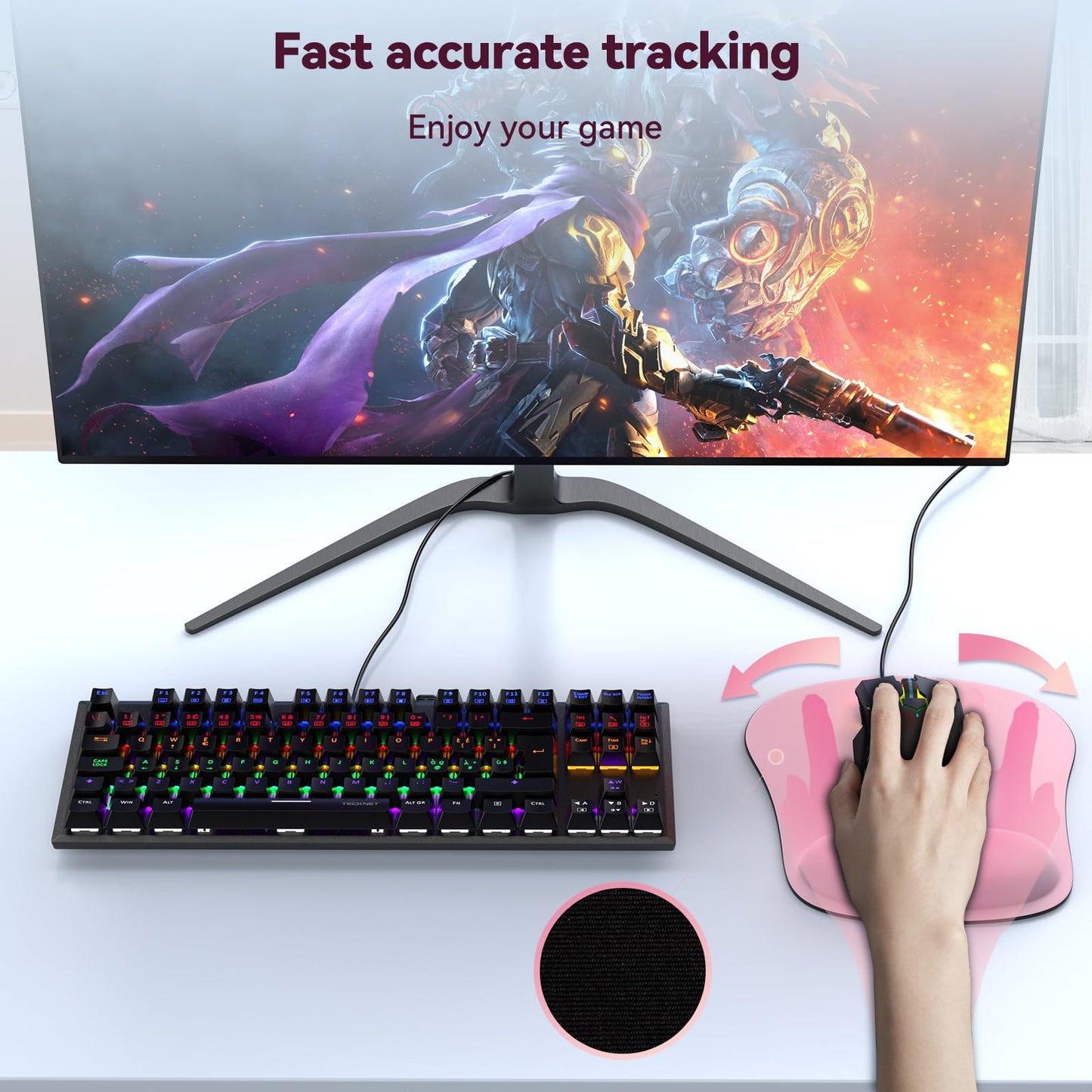 TECKNET 2 Pack Mouse Pad with Wrist Support, Ergonomic Gaming Mouse Pad Pain Relief, Portable Comfortable Mousepad for Computer, Laptop, Office, Home Non-Slip Base, Waterproof Surface - Pink