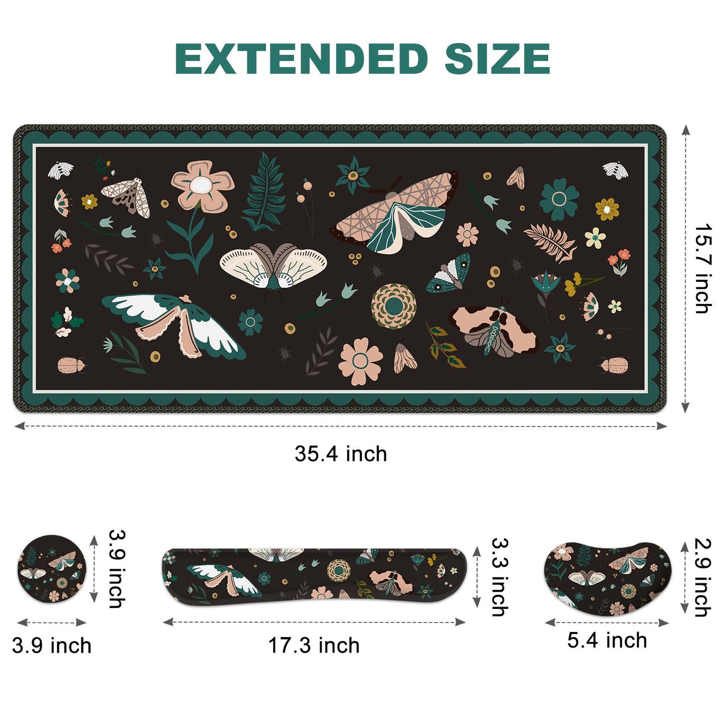 Lauspuck Large Mouse Pad and Keyboard Wrist Rest, Desk Pad for Keyboard and Mouse, Gaming Mousepad with Wrist Support, Non-Slip Desk Mat for Home Office, Black Butterfly Flower
