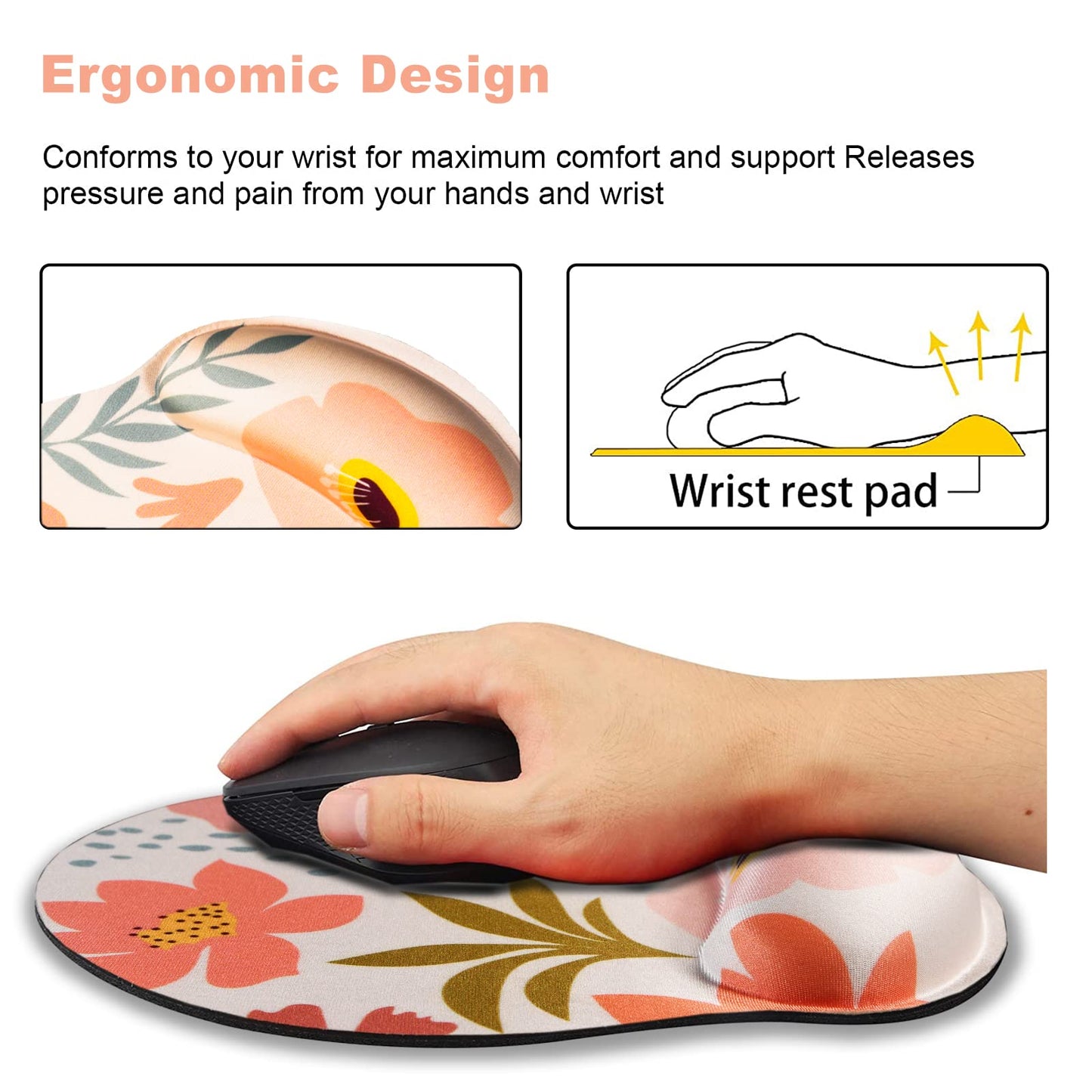 ARTSO Ergonomic Mouse Pad with Wrist Rest Support, Memory Form Non-Slip Rubber Base Mousepad for Home, Office, Easy Typing & Pain Relief, Pink Flowers