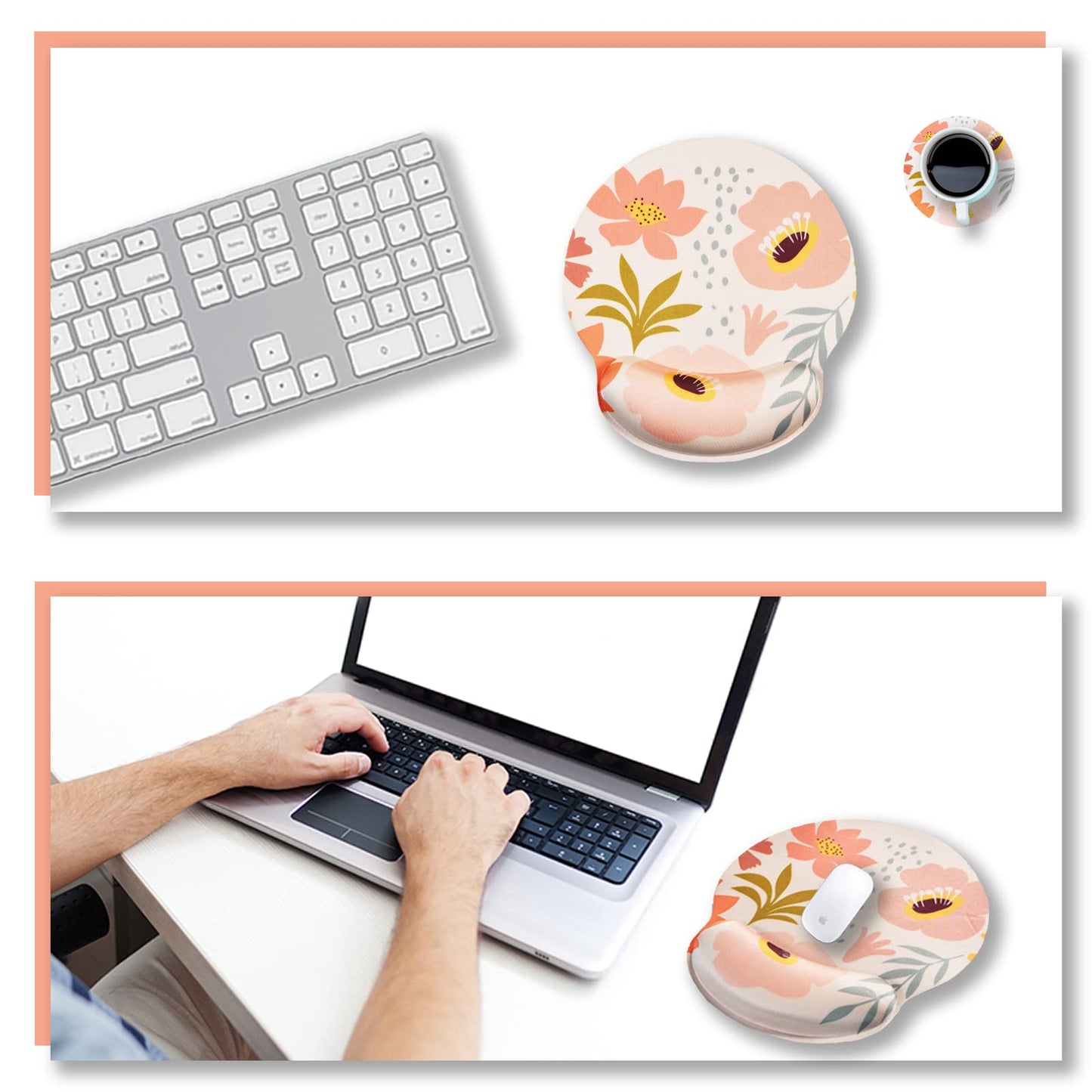 ARTSO Ergonomic Mouse Pad with Wrist Rest Support, Memory Form Non-Slip Rubber Base Mousepad for Home, Office, Easy Typing & Pain Relief, Pink Flowers
