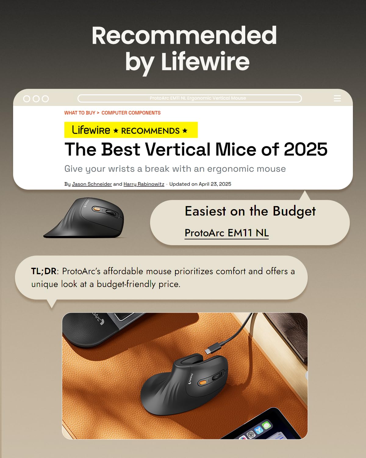 ProtoArc Ergonomic Mouse, EM11 NL Bluetooth Rechargeable Wireless Vertical Mouse, 3 Multi-Device Connectivity for Computer/PC/Laptop, 2.4GHz USB-A Optical Mice for Windows, Mac OS, Blue