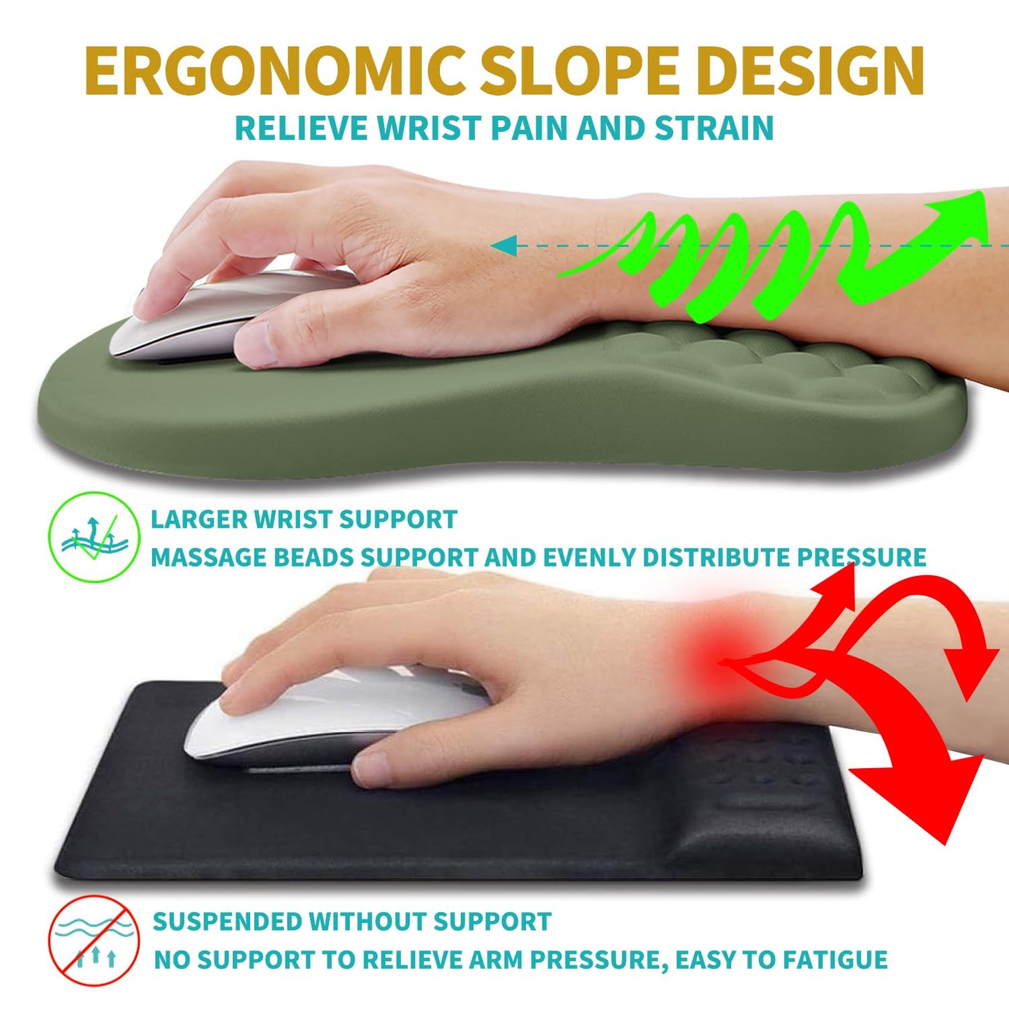 Hokafenle 2 in 1 Ergonomic Mouse Pad Wrist Support & Wrist Rest for Computer Keyboard Set, with Relieve Carpal Tunnel Pain Massage Bulge and Full Memory Gel Design (2In1 Set, Dark Green)