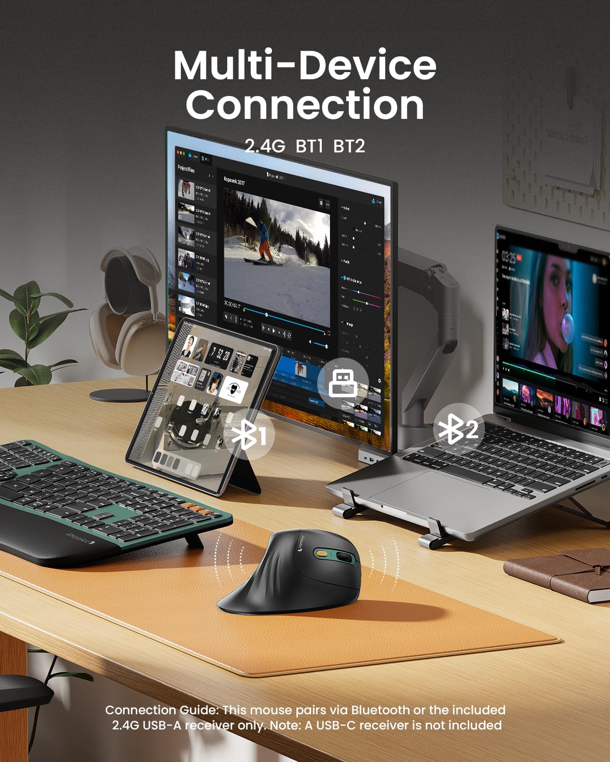 ProtoArc Ergonomic Mouse, EM11 NL Bluetooth Rechargeable Wireless Vertical Mouse, 3 Multi-Device Connectivity for Computer/PC/Laptop, 2.4GHz USB-A Optical Mice for Windows, Mac OS, Green