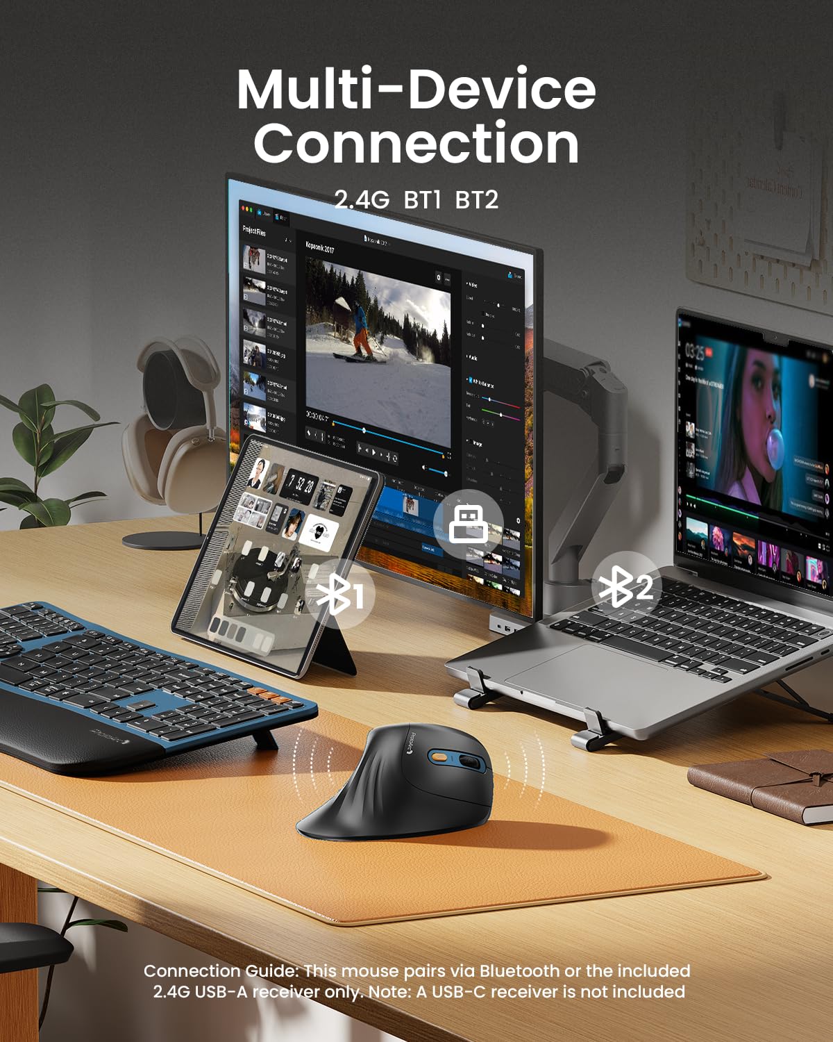 ProtoArc Ergonomic Mouse, EM11 NL Bluetooth Rechargeable Wireless Vertical Mouse, 3 Multi-Device Connectivity for Computer/PC/Laptop, 2.4GHz USB-A Optical Mice for Windows, Mac OS, Blue