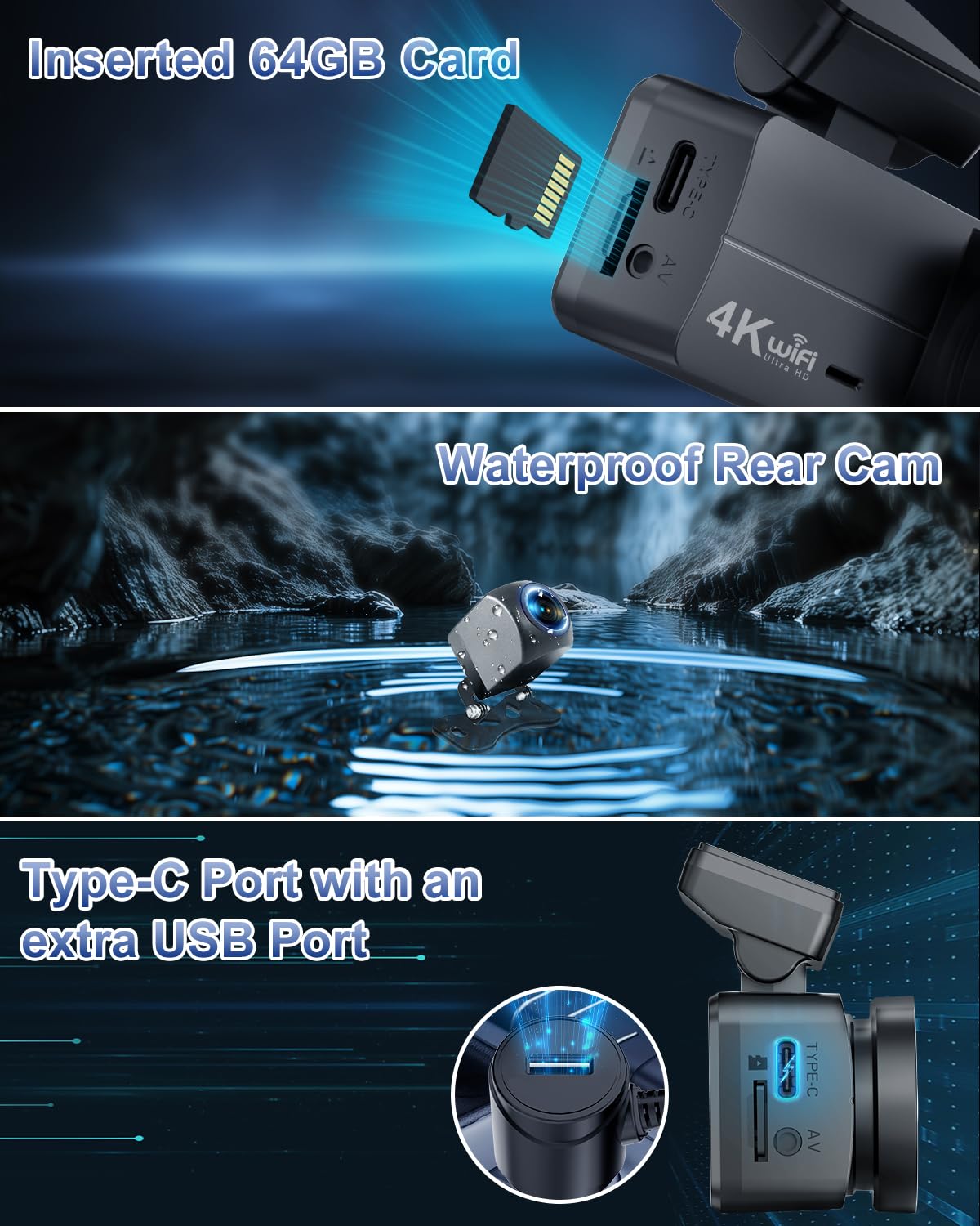 DYNACAM Dash Cam Front and Rear 4K+1080P, Dash Cam Inserted 64GB SD Card, Built-in WiFi Dash Camera for Cars, Super Night Vision Dashcam, 24H Parking Mode, G-Sensor, Loop Recording Car Camera