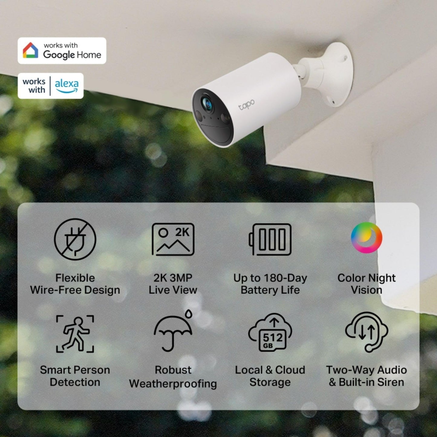 Tapo 2K Smart Security Camera Outdoor Wireless, Battery-Powered,Rechargeable, 100% Wire-Free, Indoor-Outdoor Use, Maintenance-Free, Full-Color night view,Two-Way Audio, IP65 Weatherproof C410(2-pack)