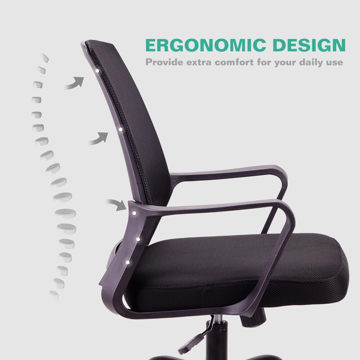 T-THREE. Adjustable Office Chair Ergonomic Mesh Swivel Chair Office Chair Desk Chair Lumbar Support Height Adjustable 360°Swivel Rocking Function Mesh Back Seat for Home Office(Black)