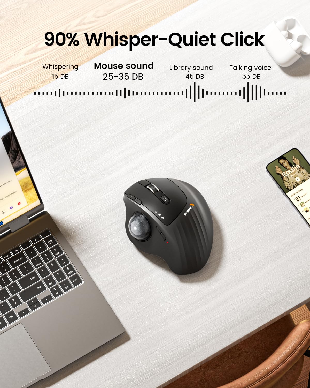 ProtoArc Wireless Trackball Mouse, EM01 NL Ergonomic Bluetooth Rollerball Thumb Rechargeable Computer Laptop Mouse, Adjustable Angle & 3 Device Connection for PC, Mac, Windows-Gray Ball