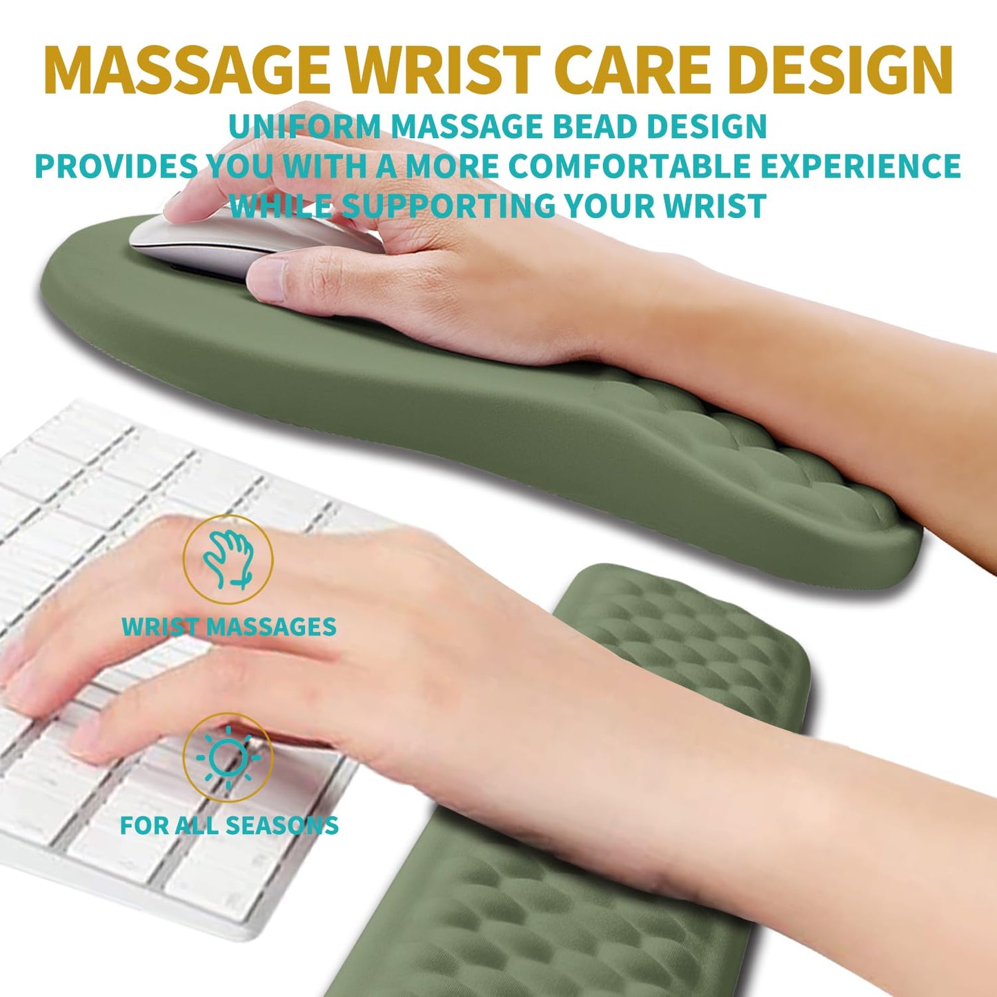 Hokafenle 2 in 1 Ergonomic Mouse Pad Wrist Support & Wrist Rest for Computer Keyboard Set, with Relieve Carpal Tunnel Pain Massage Bulge and Full Memory Gel Design (2In1 Set, Dark Green)