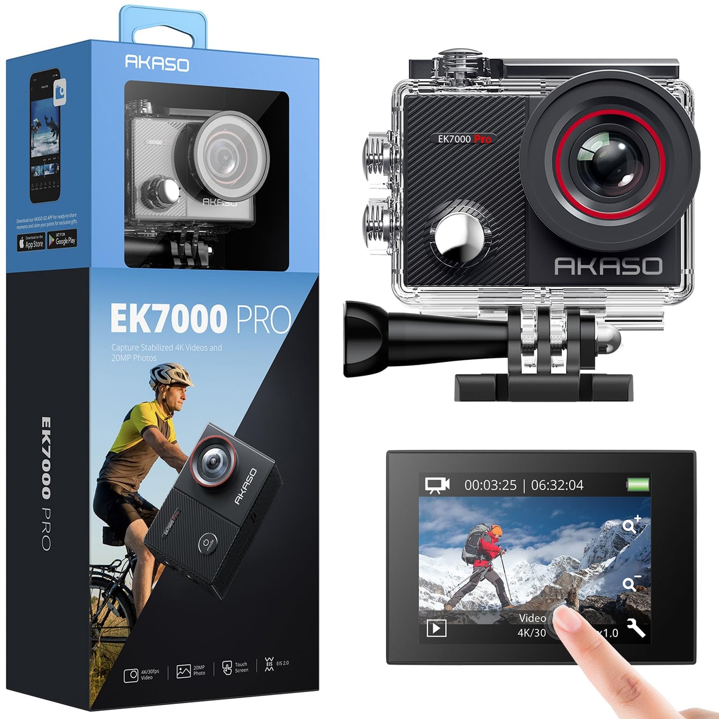 AKASO EK7000 Pro 4K Action Camera - Touch Screen EIS Adjustable View Angle 40m Waterproof Underwater Camera Remote Control Helmet Camera with Accessories Kit