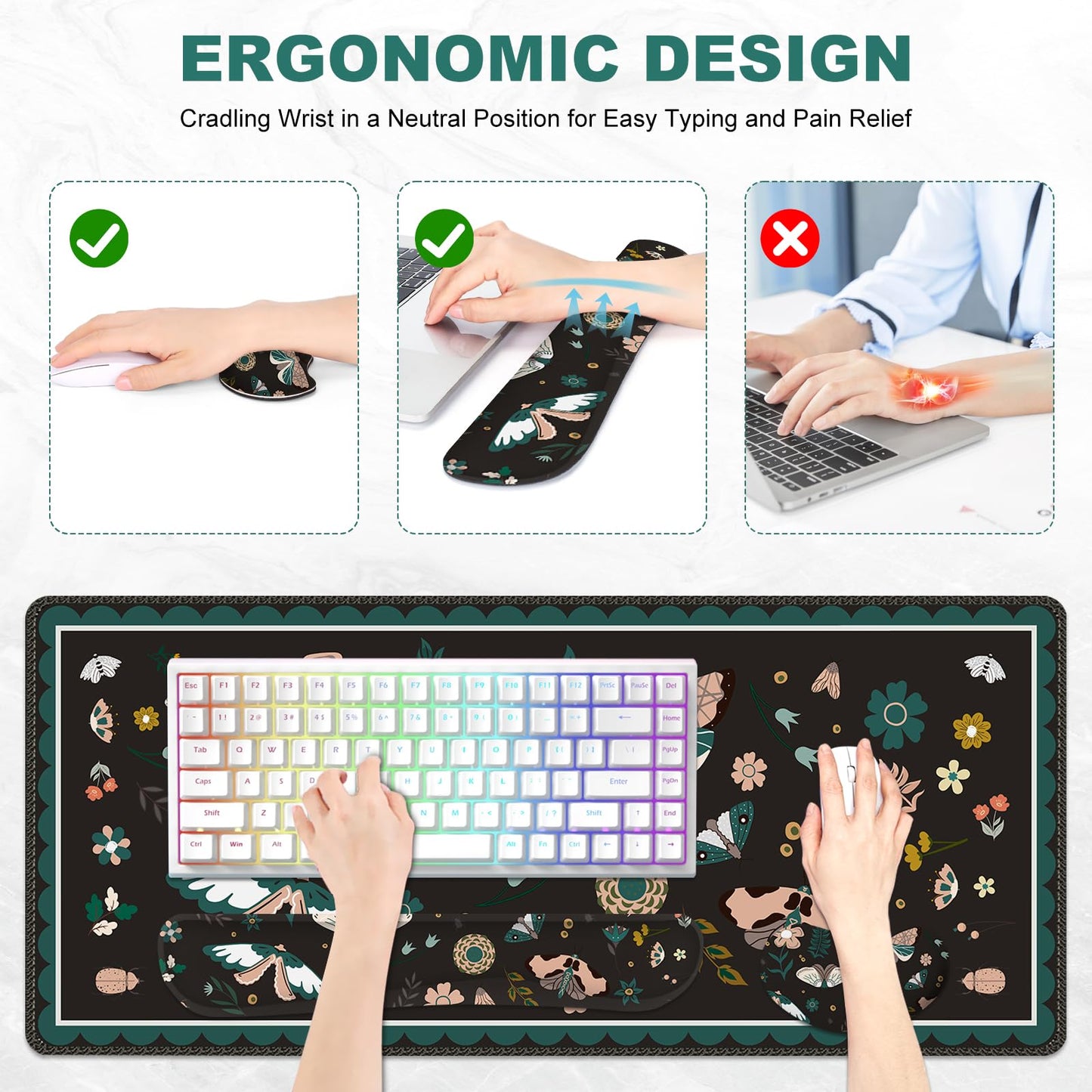 Lauspuck Large Mouse Pad and Keyboard Wrist Rest, Desk Pad for Keyboard and Mouse, Gaming Mousepad with Wrist Support, Non-Slip Desk Mat for Home Office, Black Butterfly Flower