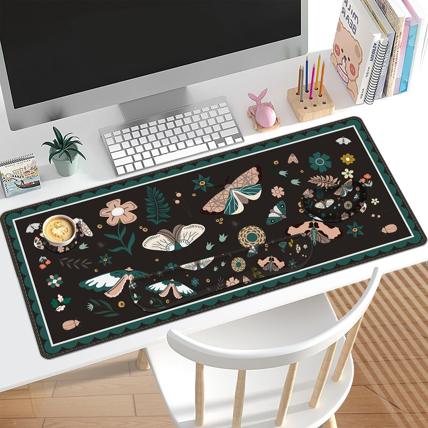 Lauspuck Large Mouse Pad and Keyboard Wrist Rest, Desk Pad for Keyboard and Mouse, Gaming Mousepad with Wrist Support, Non-Slip Desk Mat for Home Office, Black Butterfly Flower