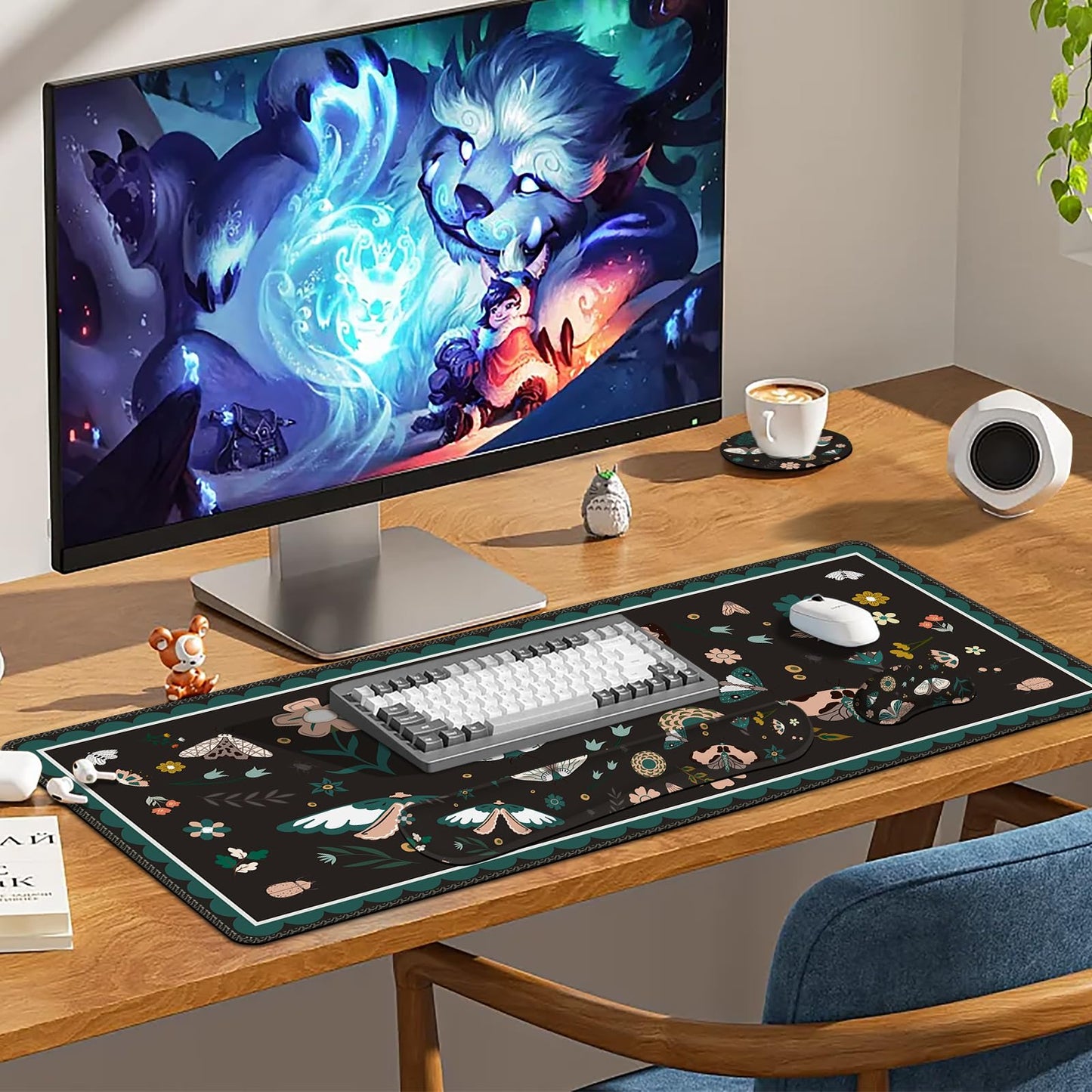 Lauspuck Large Mouse Pad and Keyboard Wrist Rest, Desk Pad for Keyboard and Mouse, Gaming Mousepad with Wrist Support, Non-Slip Desk Mat for Home Office, Black Butterfly Flower