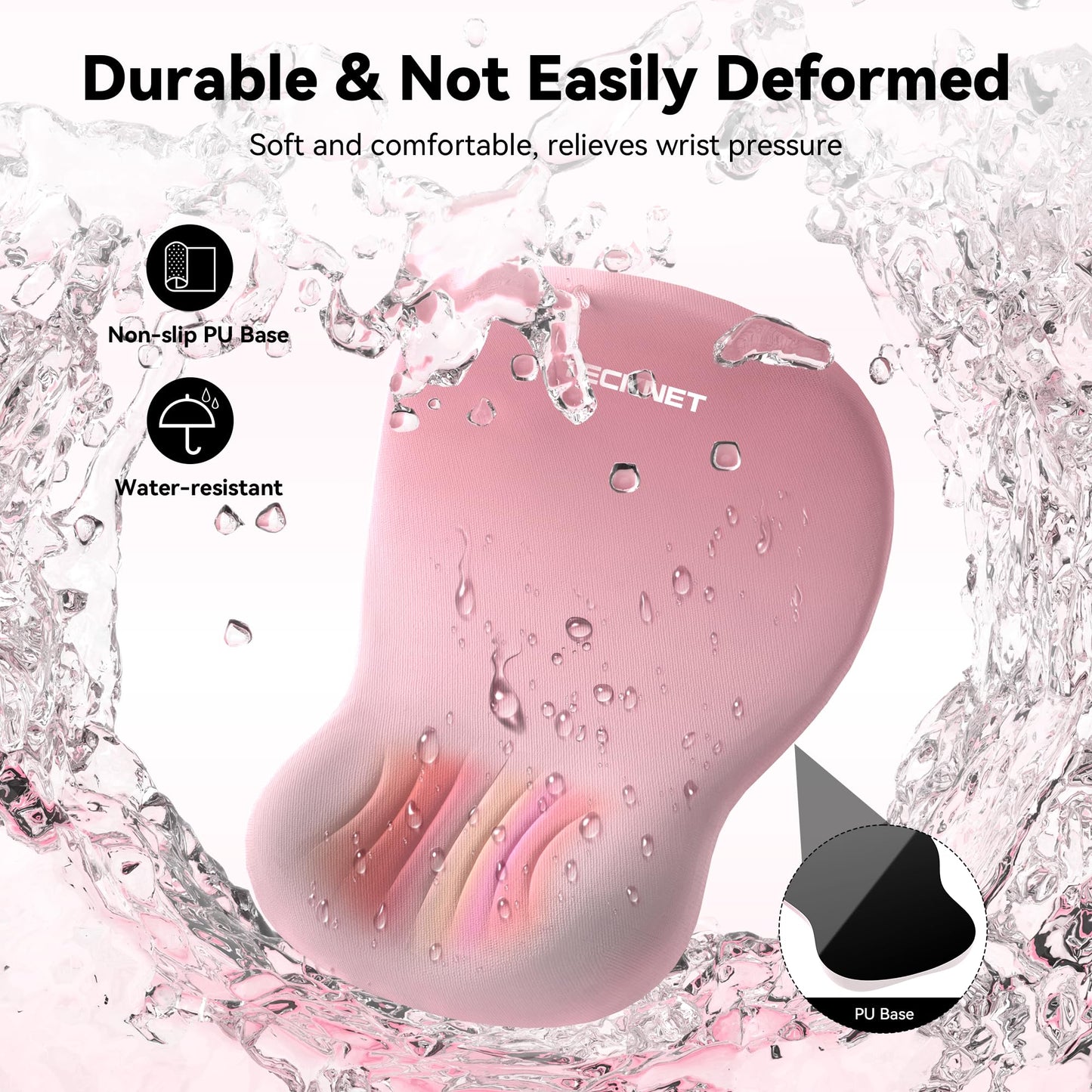 TECKNET Ergonomic Mouse Pad with Wrist Rest, Memory Foam Mousepad with Wrist Support, Smooth Surface, Middle Concave & Non-Slip Base for Laptop/PC, Pain Relief for Home Office Gaming, Pink
