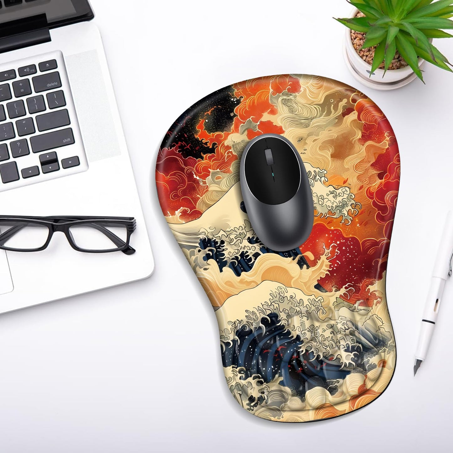 YIWEI Ergonomic Mouse Pad with Wrist Rest - Comfortable Office Mousepad with Memory Foam Wrist Support for Carpal Tunnel Relief, Mouse Pads with Non-Slip Base for Gaming and Home (Waves)