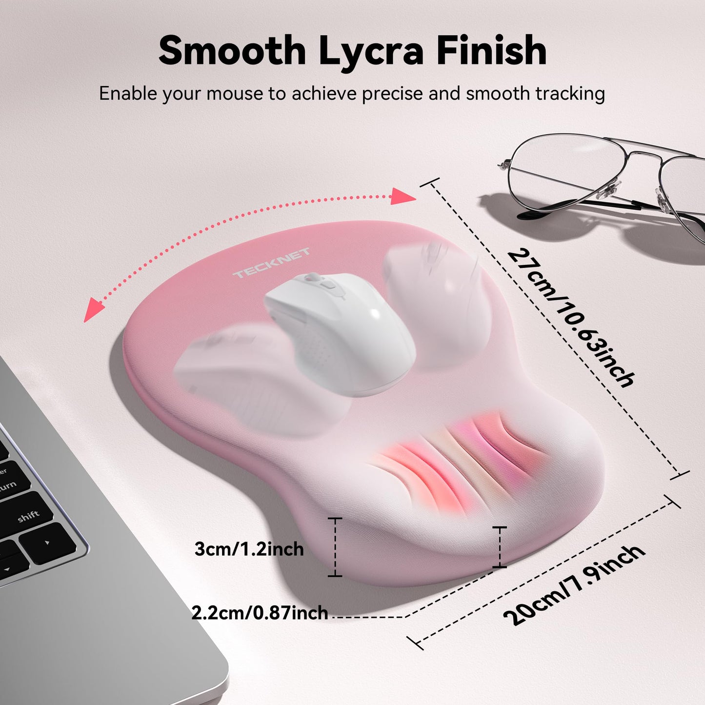 TECKNET Ergonomic Mouse Pad with Wrist Rest, Memory Foam Mousepad with Wrist Support, Smooth Surface, Middle Concave & Non-Slip Base for Laptop/PC, Pain Relief for Home Office Gaming, Pink