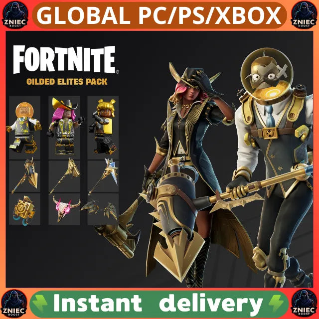Fortnite Gilded Elites Pack - Gunslinger Calamity, The Goldfish & Lustrous Luxe Outfits + LEGO Styles, 3 Back Blings & 3 Pickaxes - Global Digital Code - PC/PS/Xbox