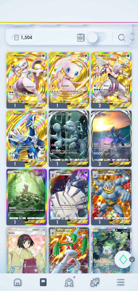 Pokémon TCG Pocket: LvL. 28 | 1500+ Cards | 5 Crown Cards + 3 Immersive Cards | Mewtwo Crown, Mew Crown, 2 x Palkia Crown & Dialga Crown EX | Mewtwo Immersive & 2 x Dialga Immersive
