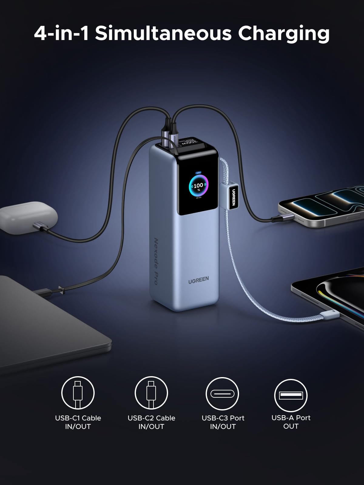 mousebows 200W Power Bank 25000mAh Fast Charging Built-in Cable