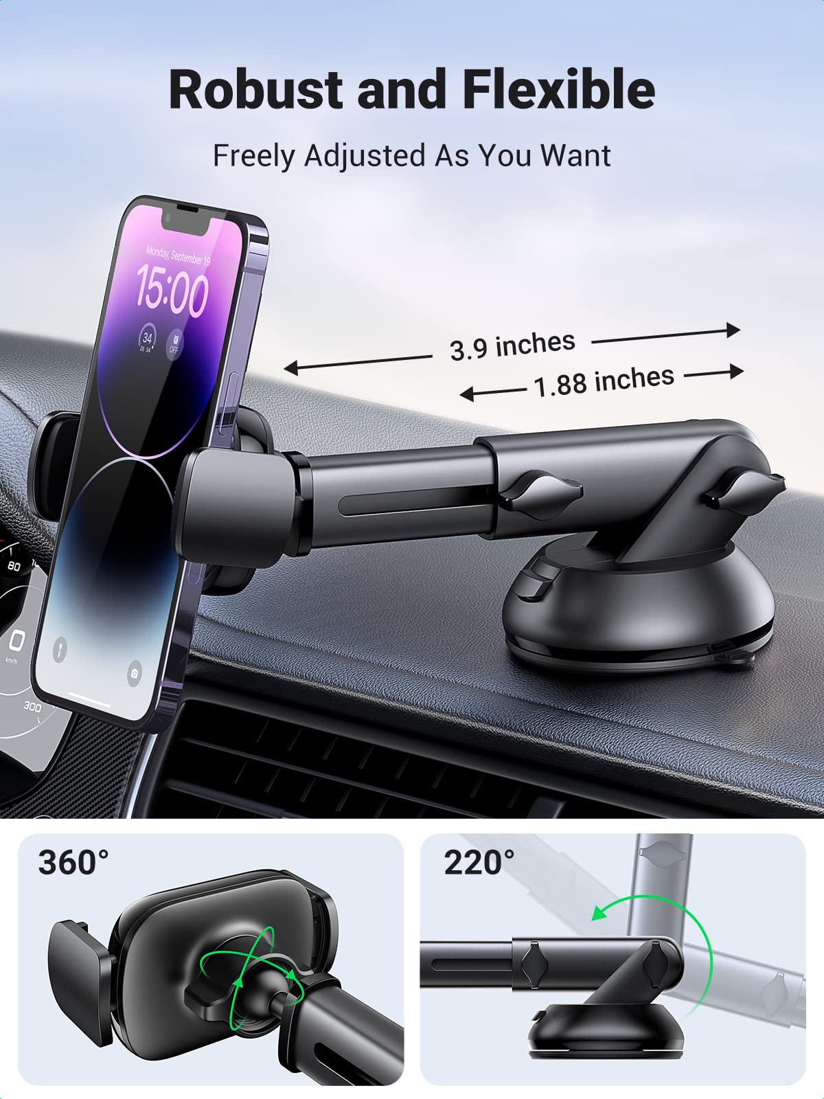 mousebows Car Phone Holder (Telescopic Arm, 360° Rotation)