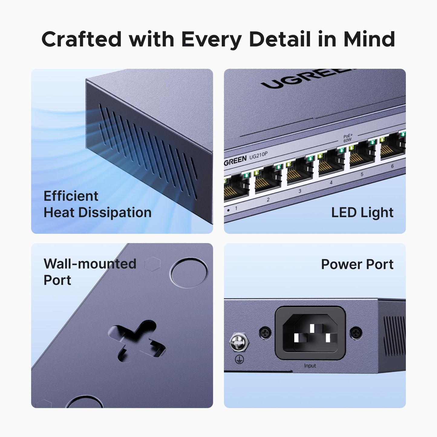 mousebows Ethernet Switch, 10-Port PoE Switch, 8 PoE+@60W and 2 Gigabit Uplink, Plug & Play, Auto/VLAN/Extend Mode, Sturdy Metal, Desktop or Wall Mount Network Splitter Hub for Security Camera, IP Phone