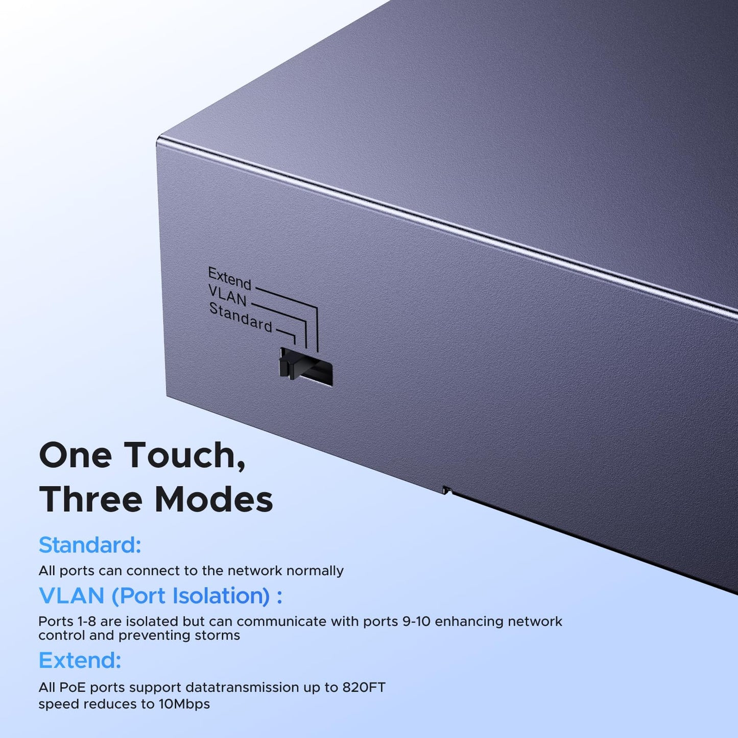 mousebows Ethernet Switch, 10-Port PoE Switch, 8 PoE+@60W and 2 Gigabit Uplink, Plug & Play, Auto/VLAN/Extend Mode, Sturdy Metal, Desktop or Wall Mount Network Splitter Hub for Security Camera, IP Phone