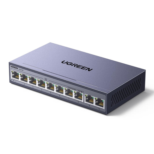 mousebows Ethernet Switch, 10-Port PoE Switch, 8 PoE+@60W and 2 Gigabit Uplink, Plug & Play, Auto/VLAN/Extend Mode, Sturdy Metal, Desktop or Wall Mount Network Splitter Hub for Security Camera, IP Phone