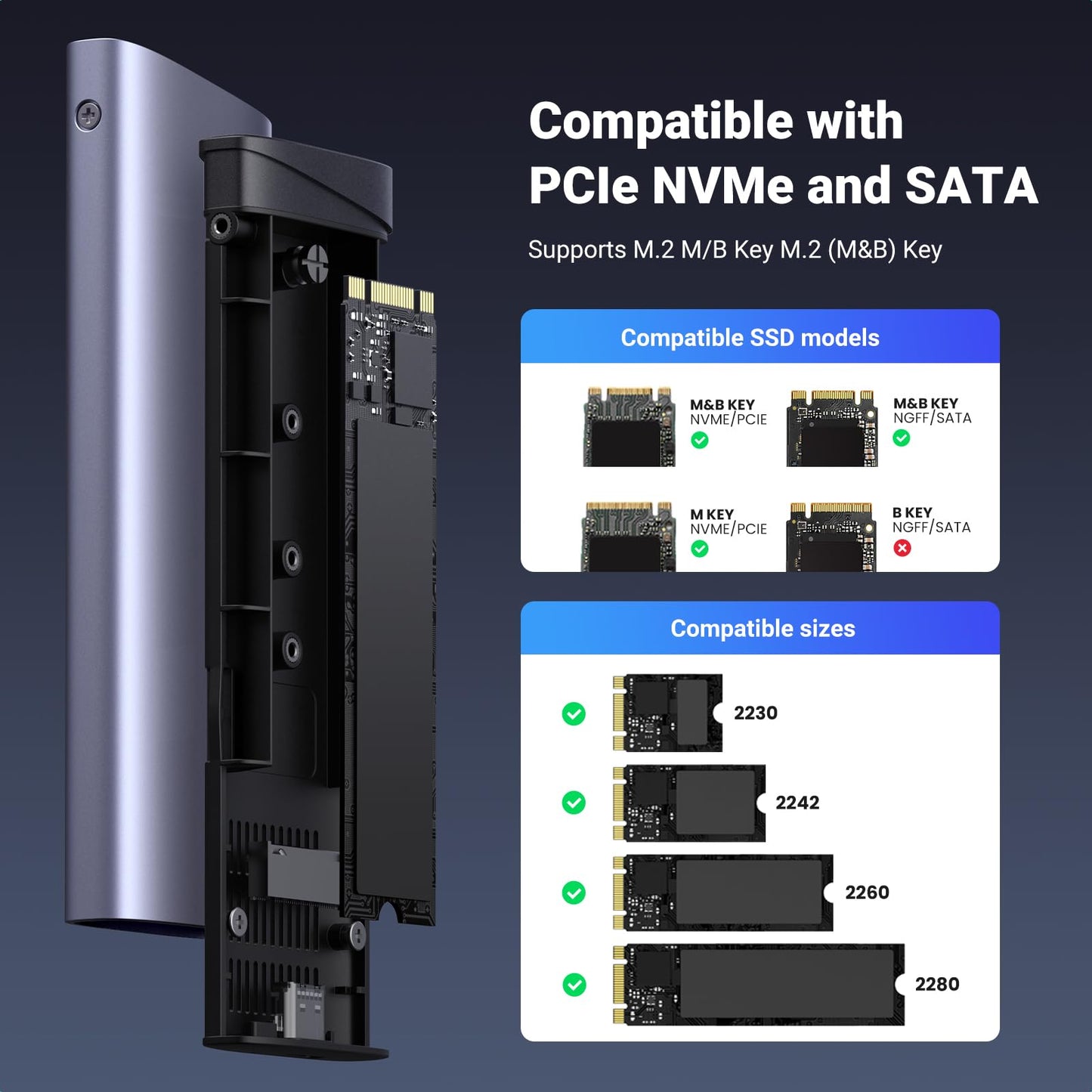 mousebows M.2 NVMe SATA SSD Enclosure 10Gbps USB 3.2 Gen 2
