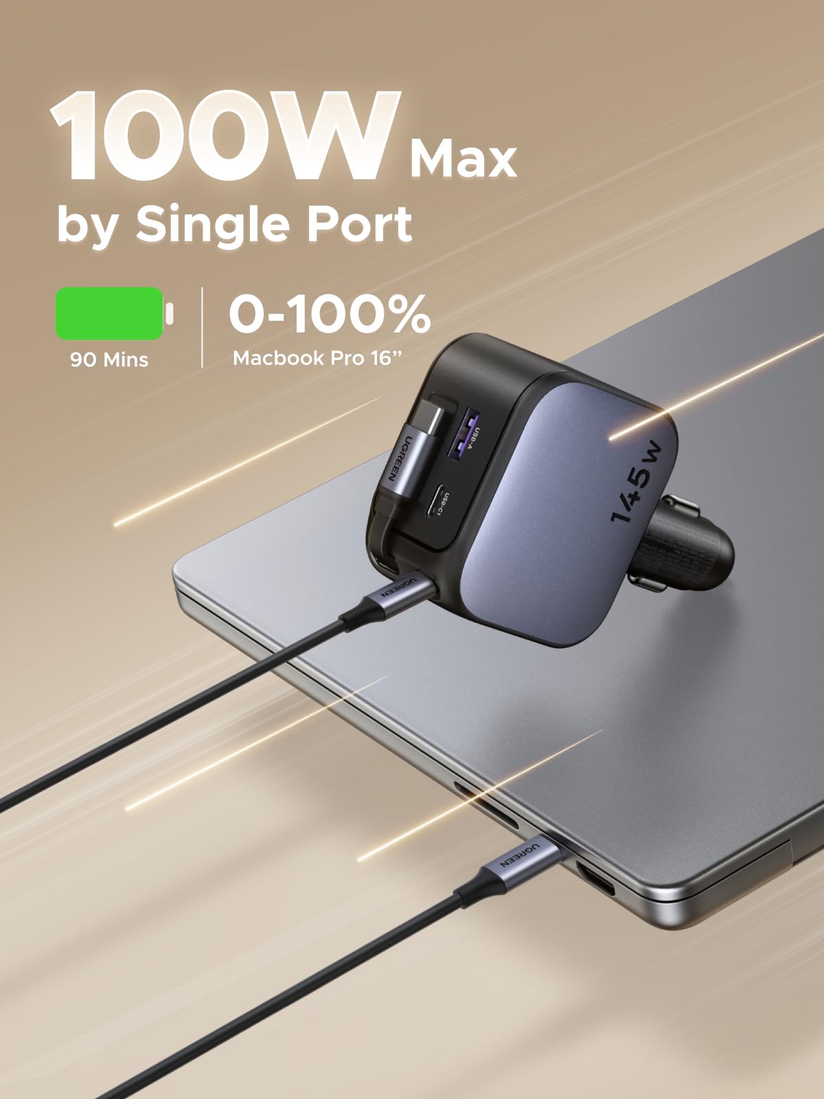mousebows Nexode Car Charger 145W with Retractable USB-C Cable