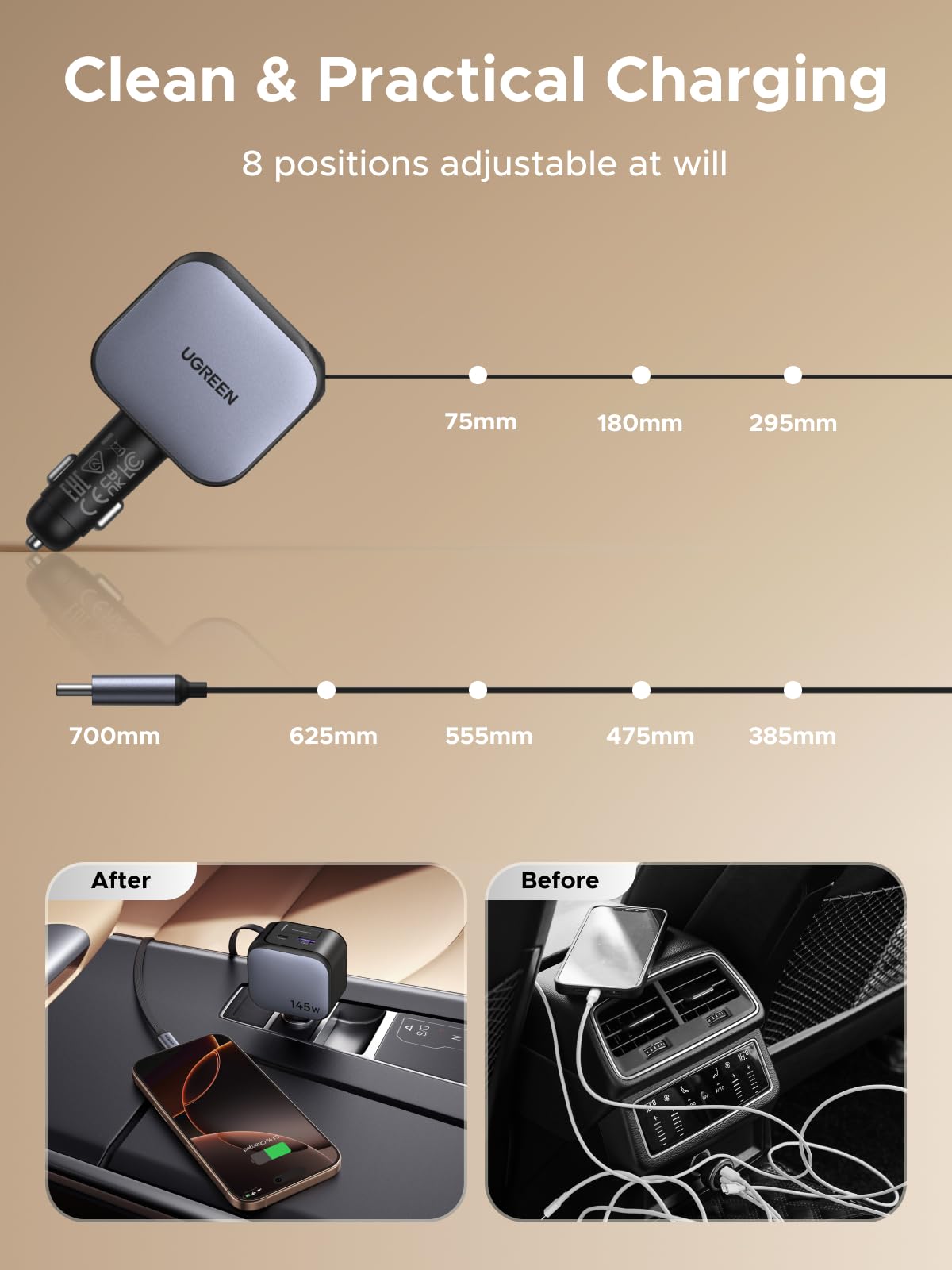mousebows Nexode Car Charger 145W with Retractable USB-C Cable