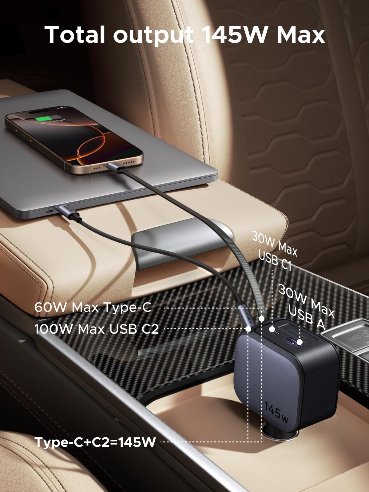 mousebows Nexode Car Charger 145W with Retractable USB-C Cable