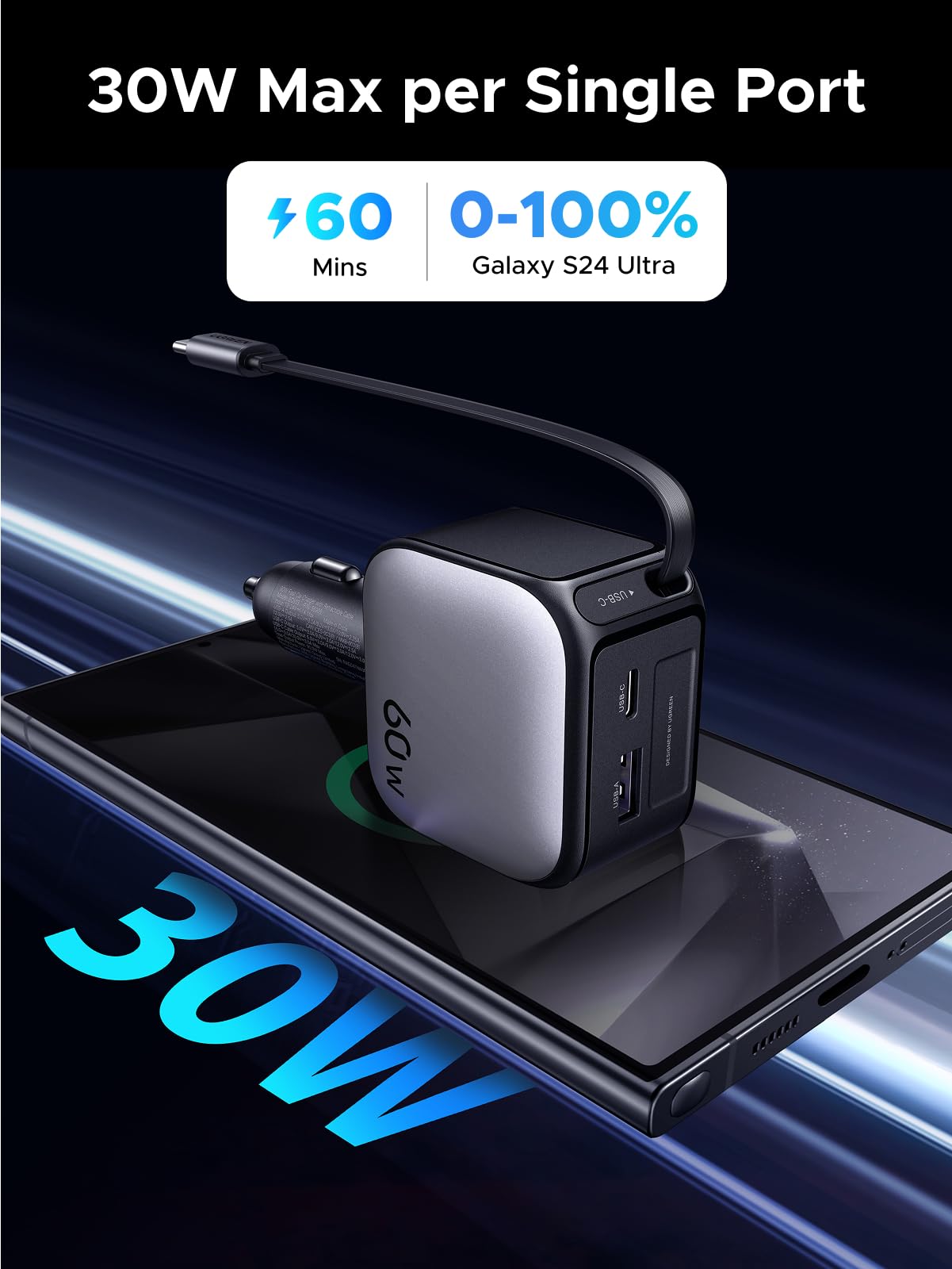 mousebows Nexode Car Charger 60W with Retractable USB-C Cable