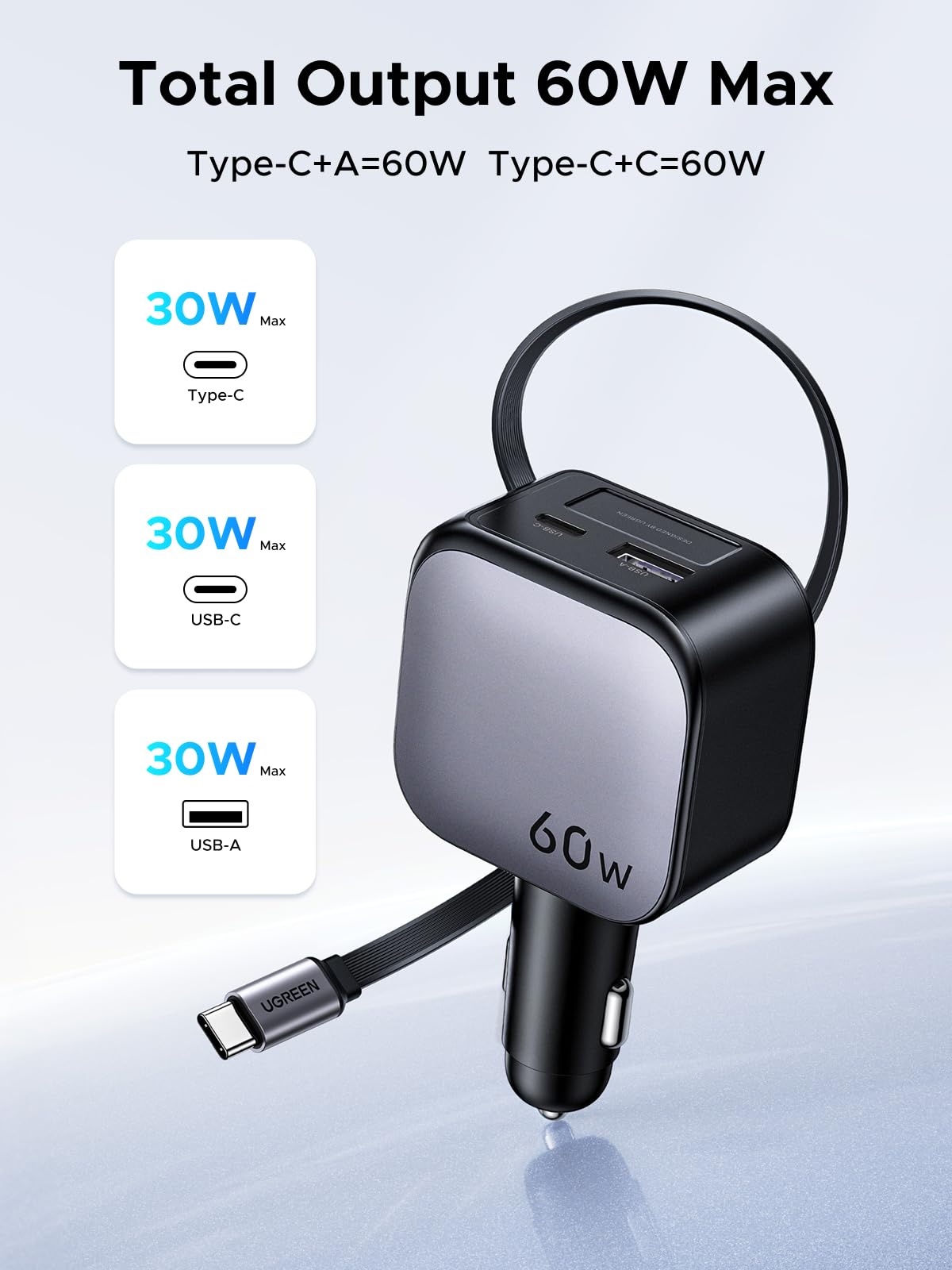 mousebows Nexode Car Charger 60W with Retractable USB-C Cable